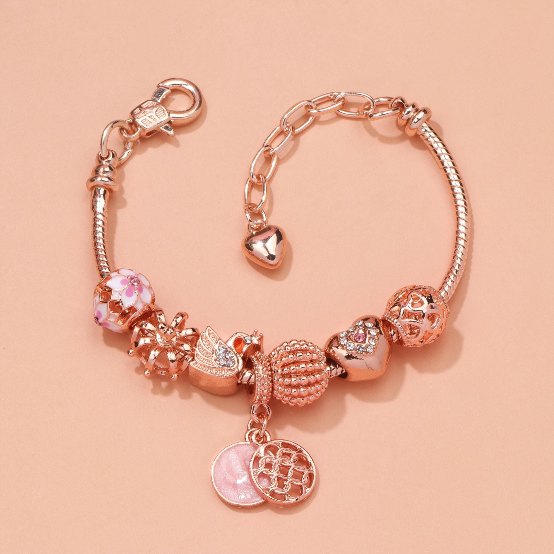 Hollow Crystal-Encrusted Swan Crown Flower Heart Bracelet(rose gold,17cm)