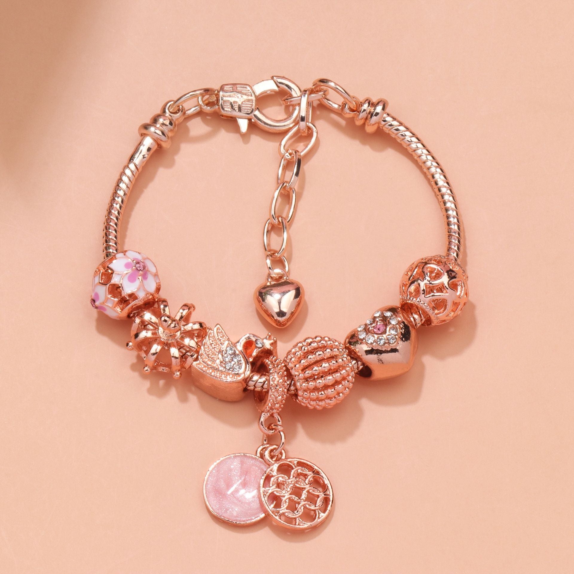 Hollow Crystal-Encrusted Swan Crown Flower Heart Bracelet(rose gold,19cm)