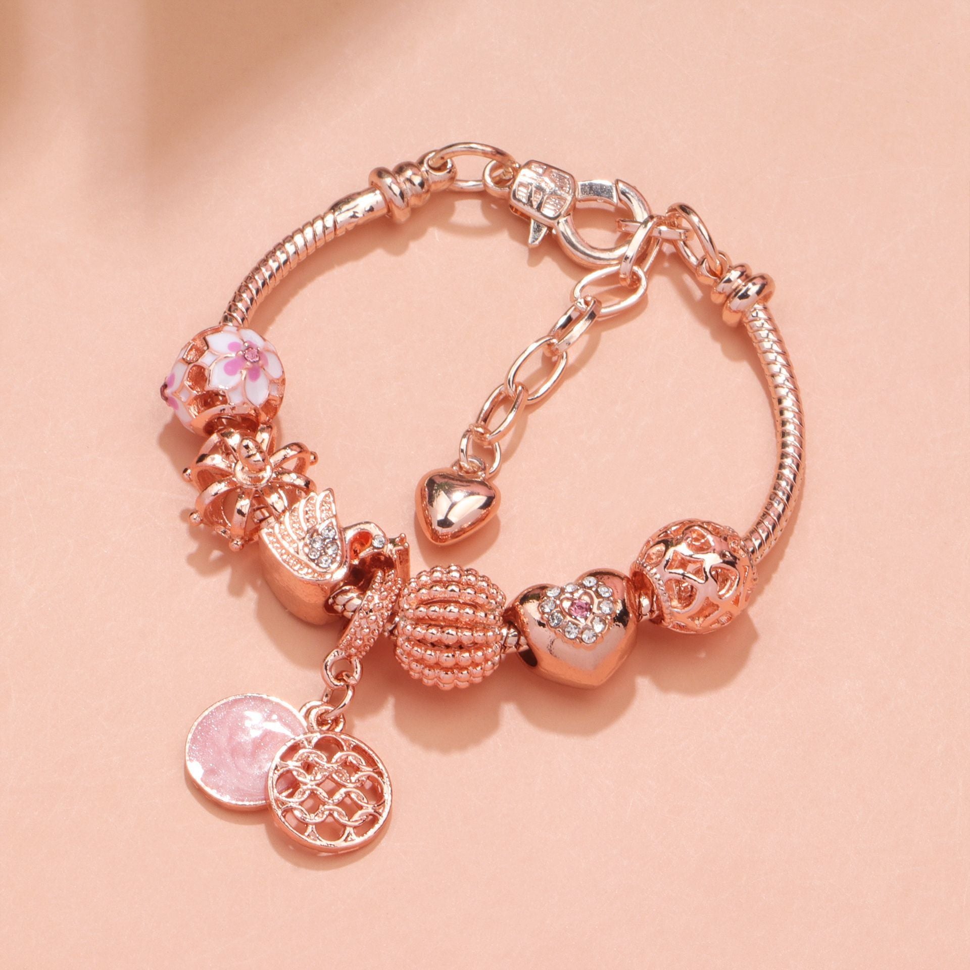 Hollow Crystal-Encrusted Swan Crown Flower Heart Bracelet(rose gold,20cm)