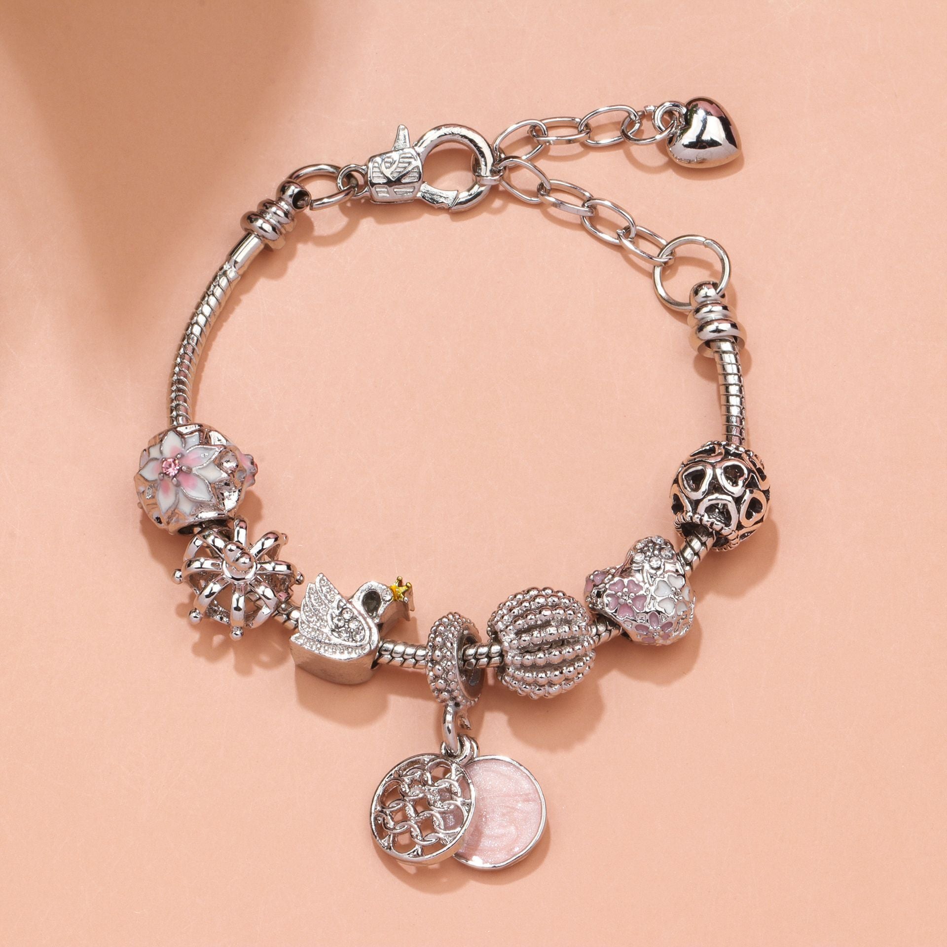 Hollow Crystal-Encrusted Swan Crown Flower Heart Bracelet(silver,20cm)