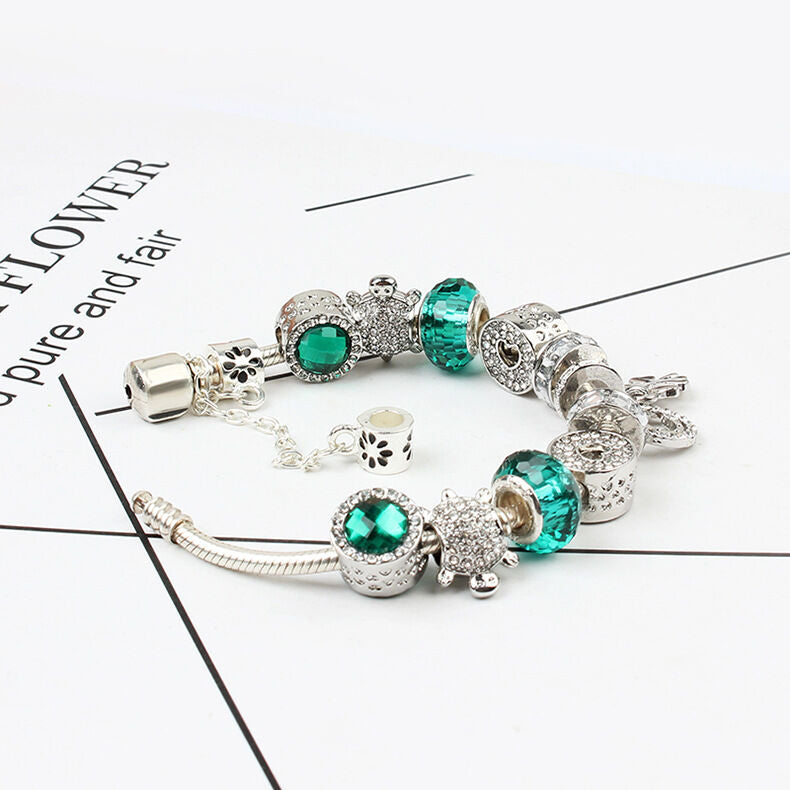 Charm Bracelet with Tortoise, Heart, Clover Pendant(Green,18cm)