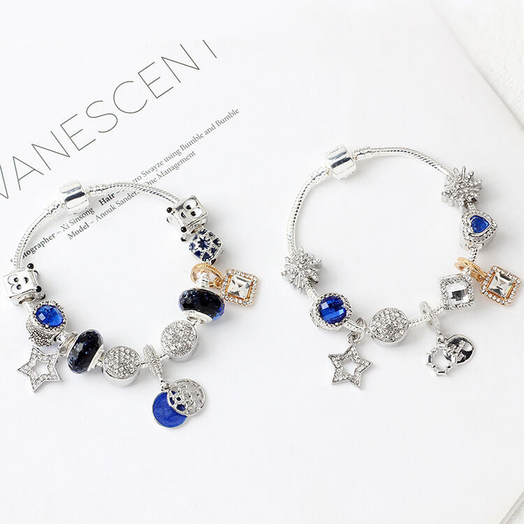 Fashion Charm Bracelet with Snowflake, Crystal, Rhinestone Beads & Hollow Star Zircon Pendant(17cm)