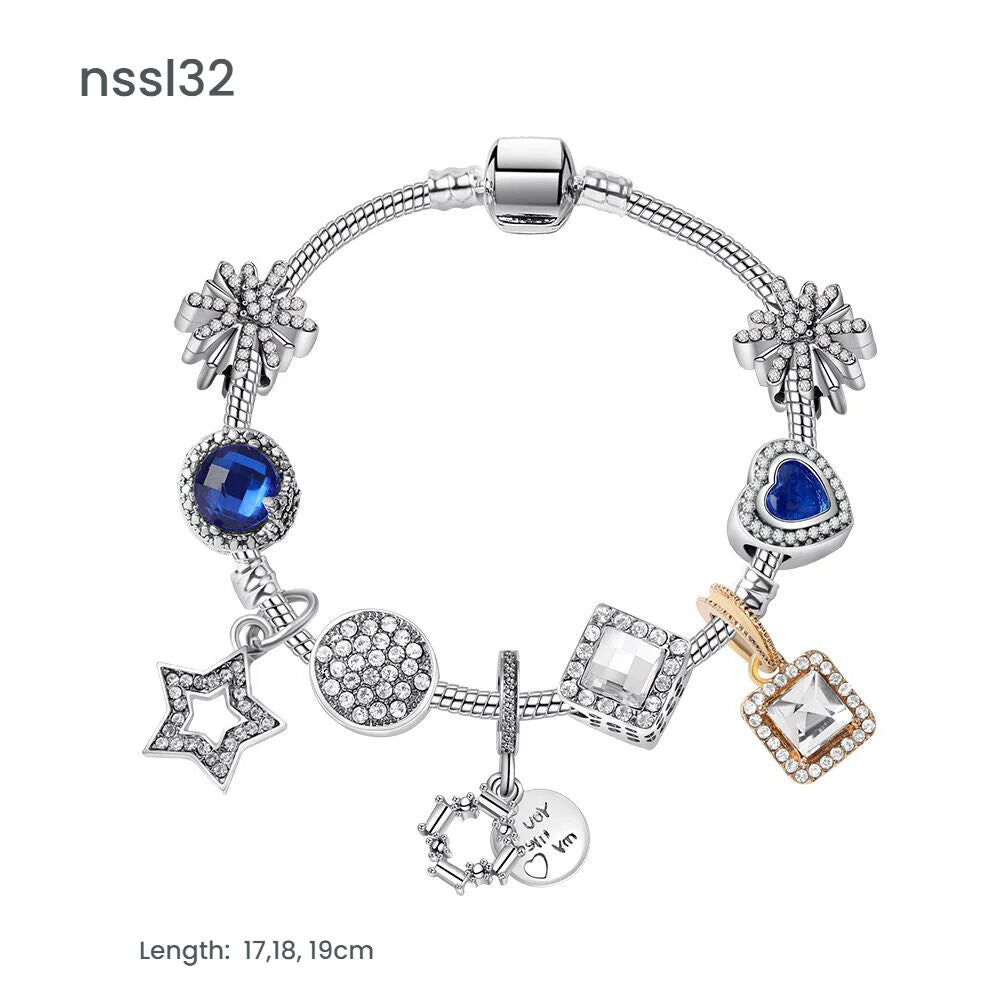 Fashion Charm Bracelet with Snowflake, Crystal, Rhinestone Beads & Hollow Star Zircon Pendant(17cm)