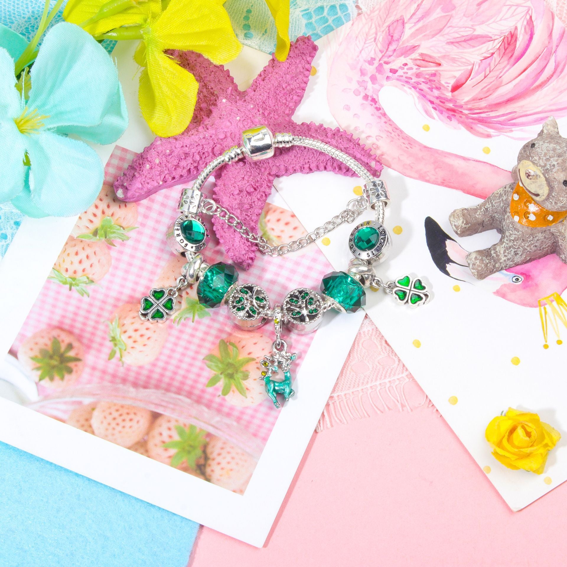 Colorful Cat Eye Glass Bead Clover Pendant Bracelet(17cm)