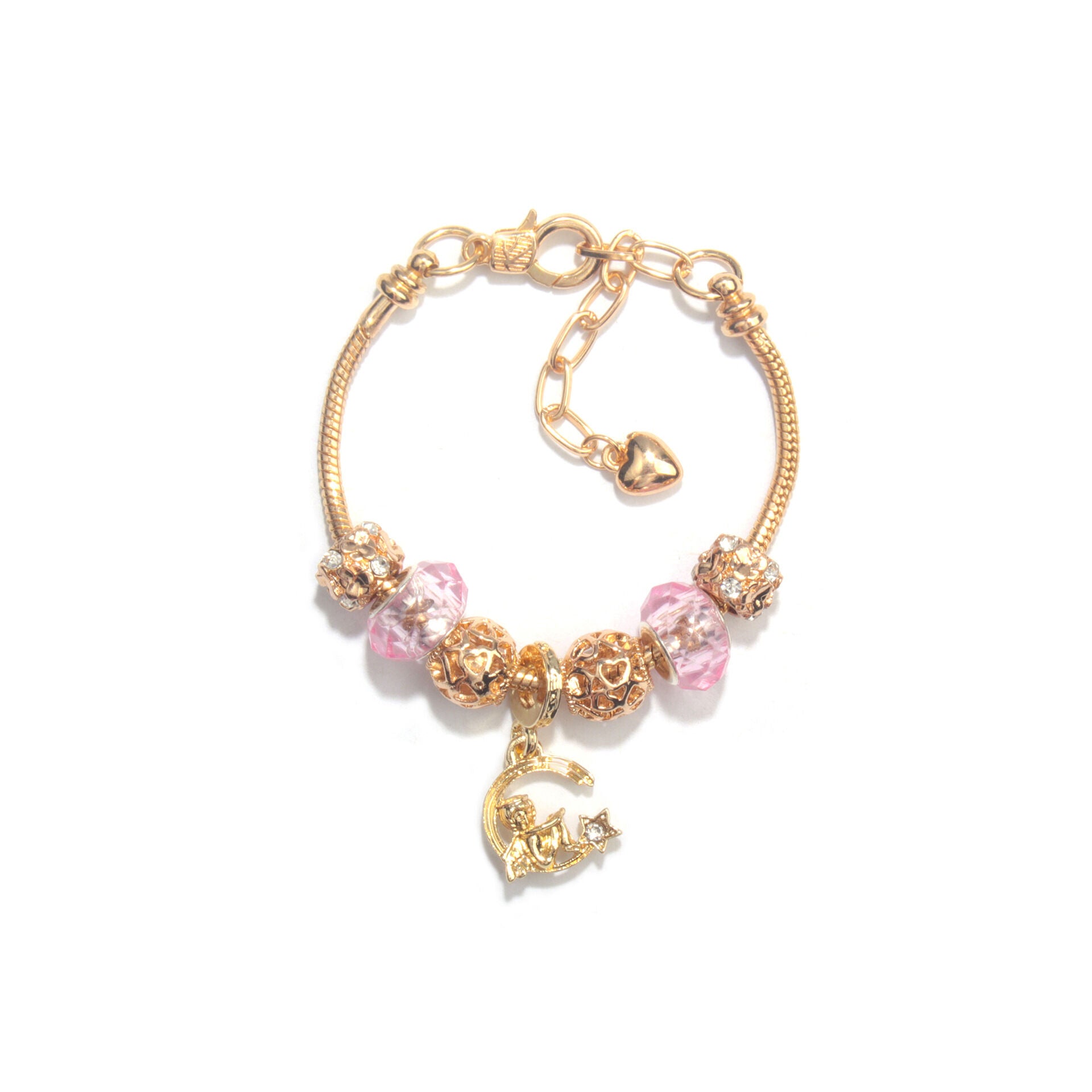 Sweet Style Crystal Rhinestone Gold Star Moon Pendant Cute Pink Bead Bracelet(17cm)