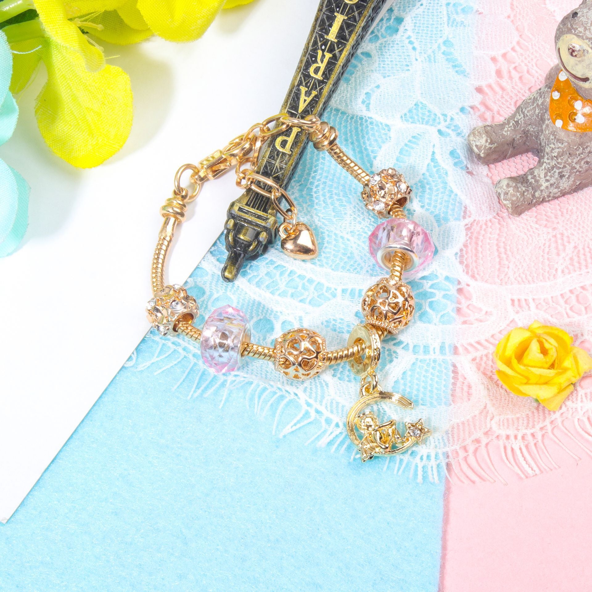 Sweet Style Crystal Rhinestone Gold Star Moon Pendant Cute Pink Bead Bracelet(19cm)