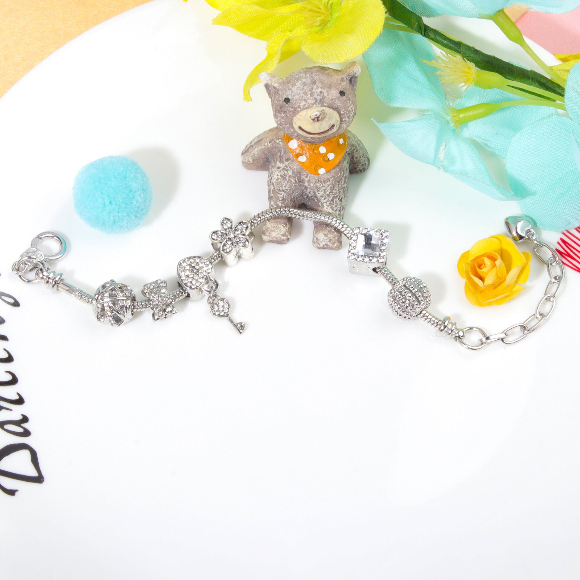 Adjustable Lobster Clasp Bracelet with Zircon Hollow Ball, Square, Flower & Heart Key Charms(19cm)
