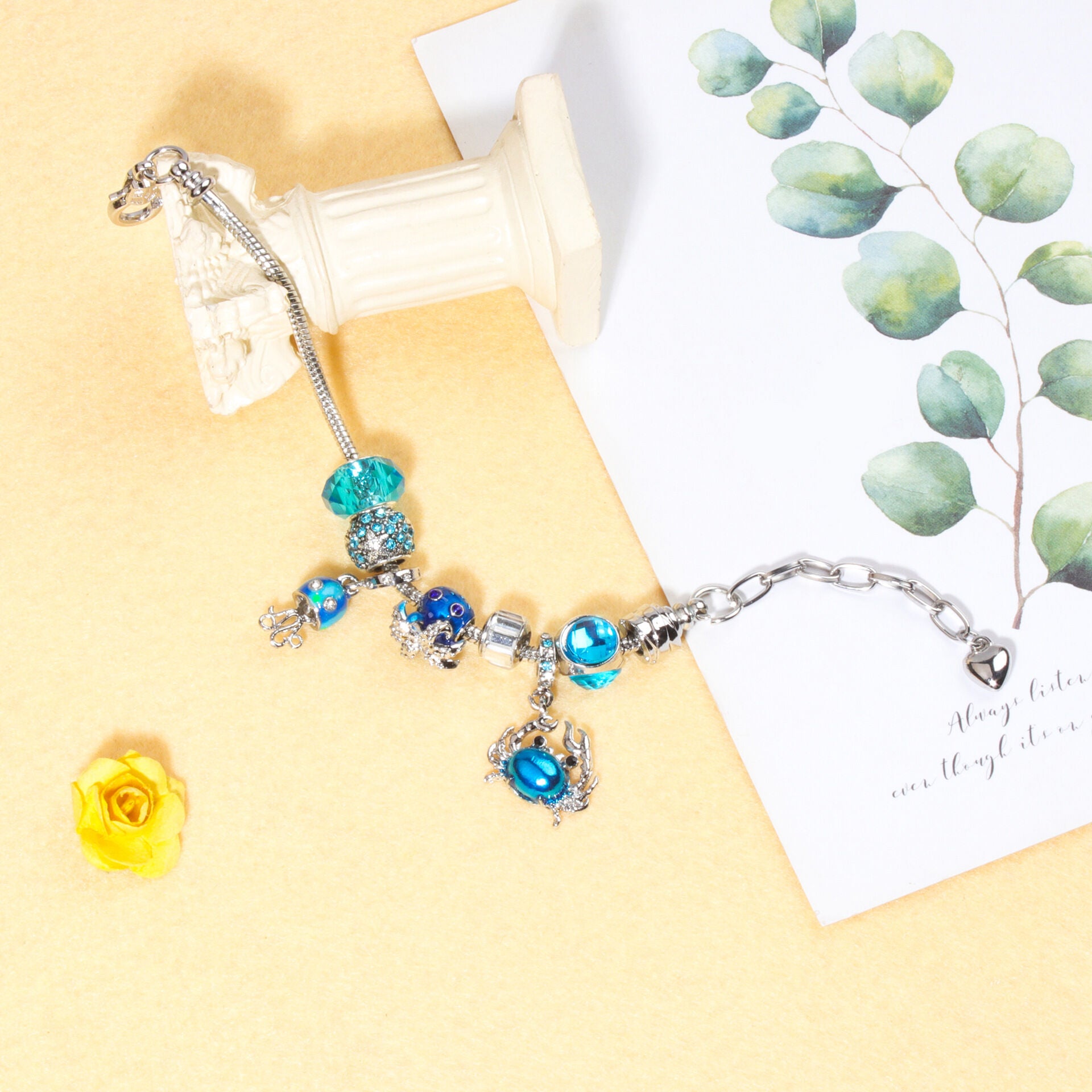 Cartoon Ocean Theme Bracelet with Octopus, Jellyfish, Crab Charms & Crystal Rhinestone Beads(19cm)