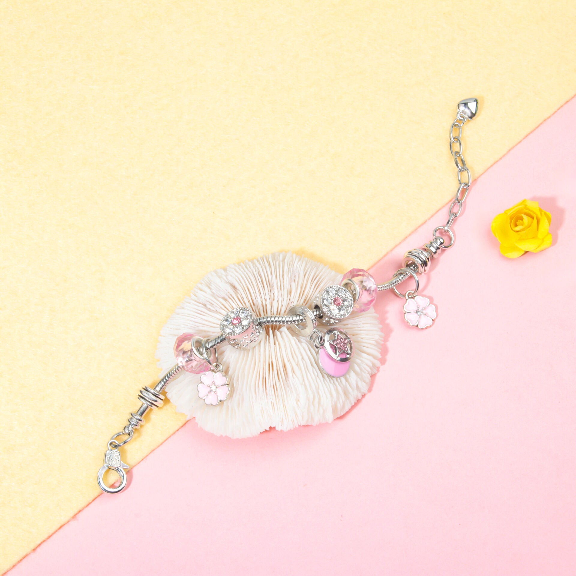 Chic Pink Crystal Beaded Bracelet with Magnolia & Star Pendant(17cm)