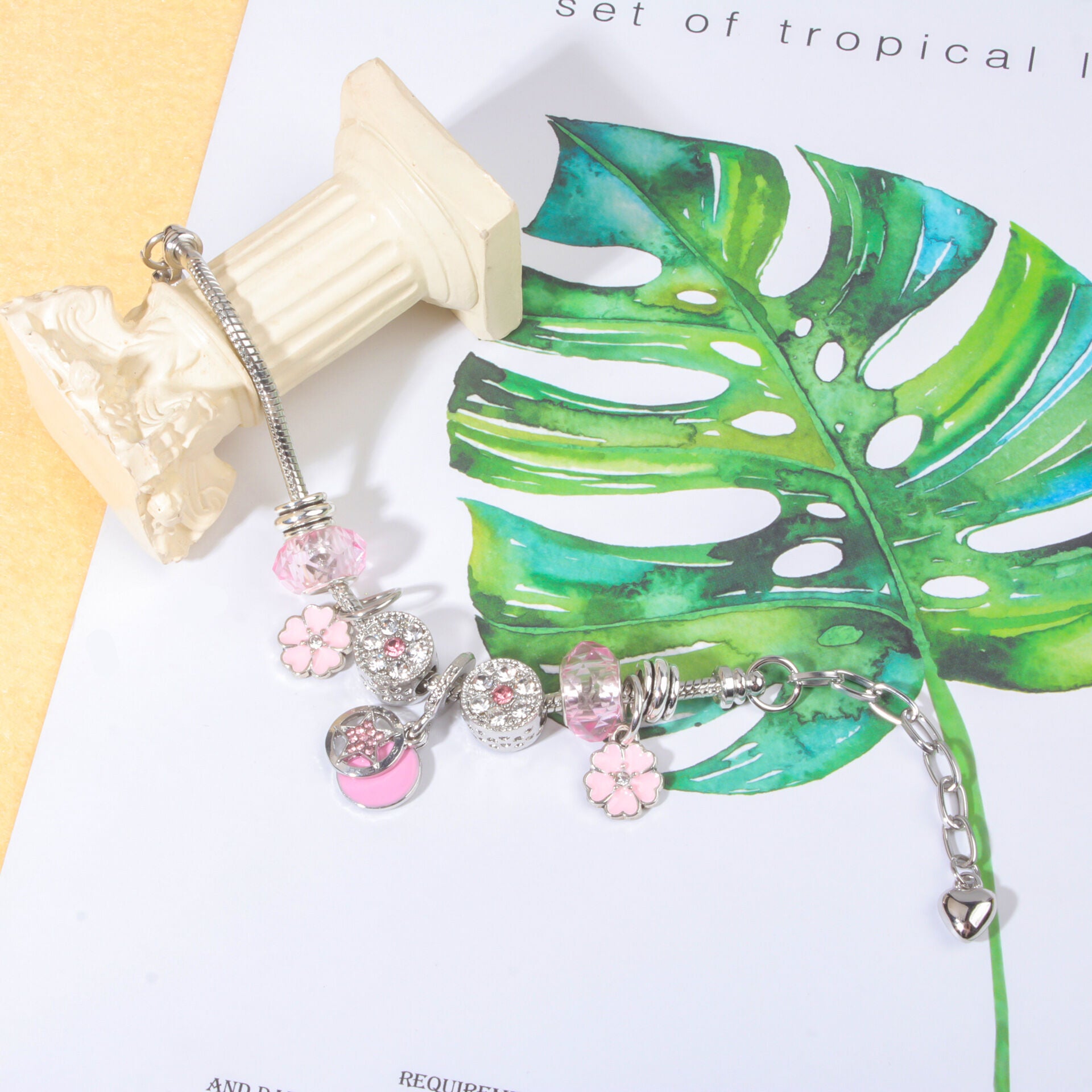 Chic Pink Crystal Beaded Bracelet with Magnolia & Star Pendant(18cm)