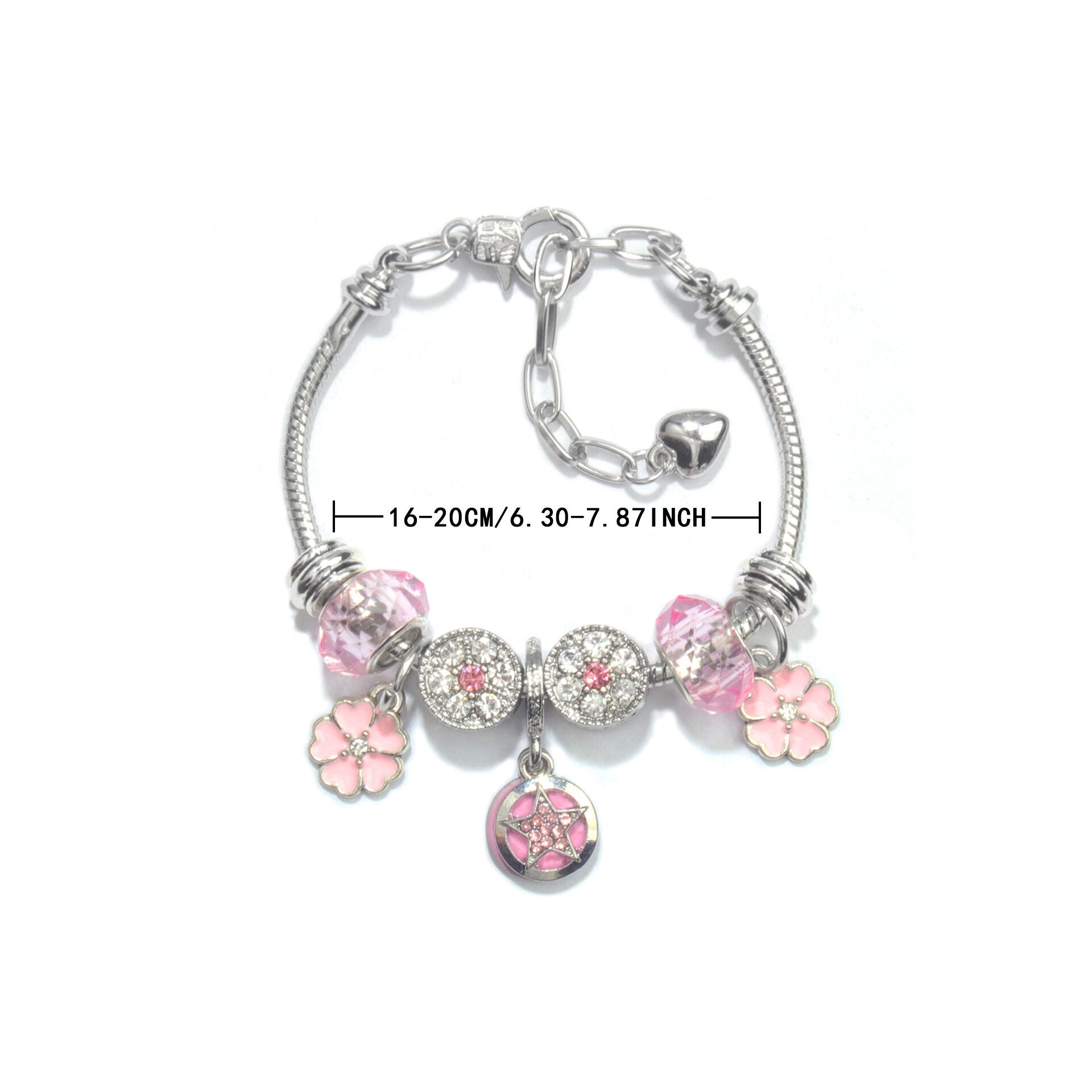 Chic Pink Crystal Beaded Bracelet with Magnolia & Star Pendant(18cm)