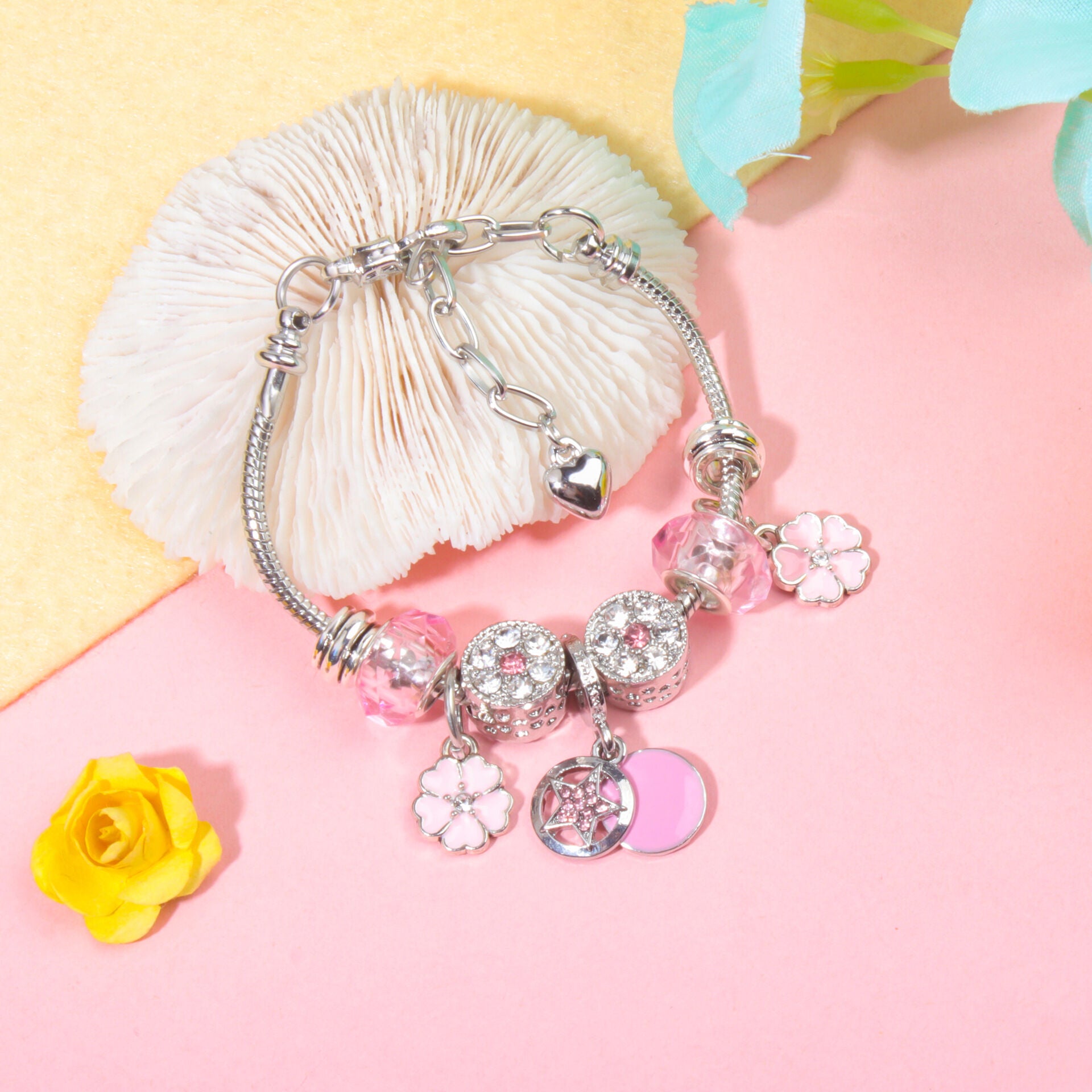 Chic Pink Crystal Beaded Bracelet with Magnolia & Star Pendant(19cm)