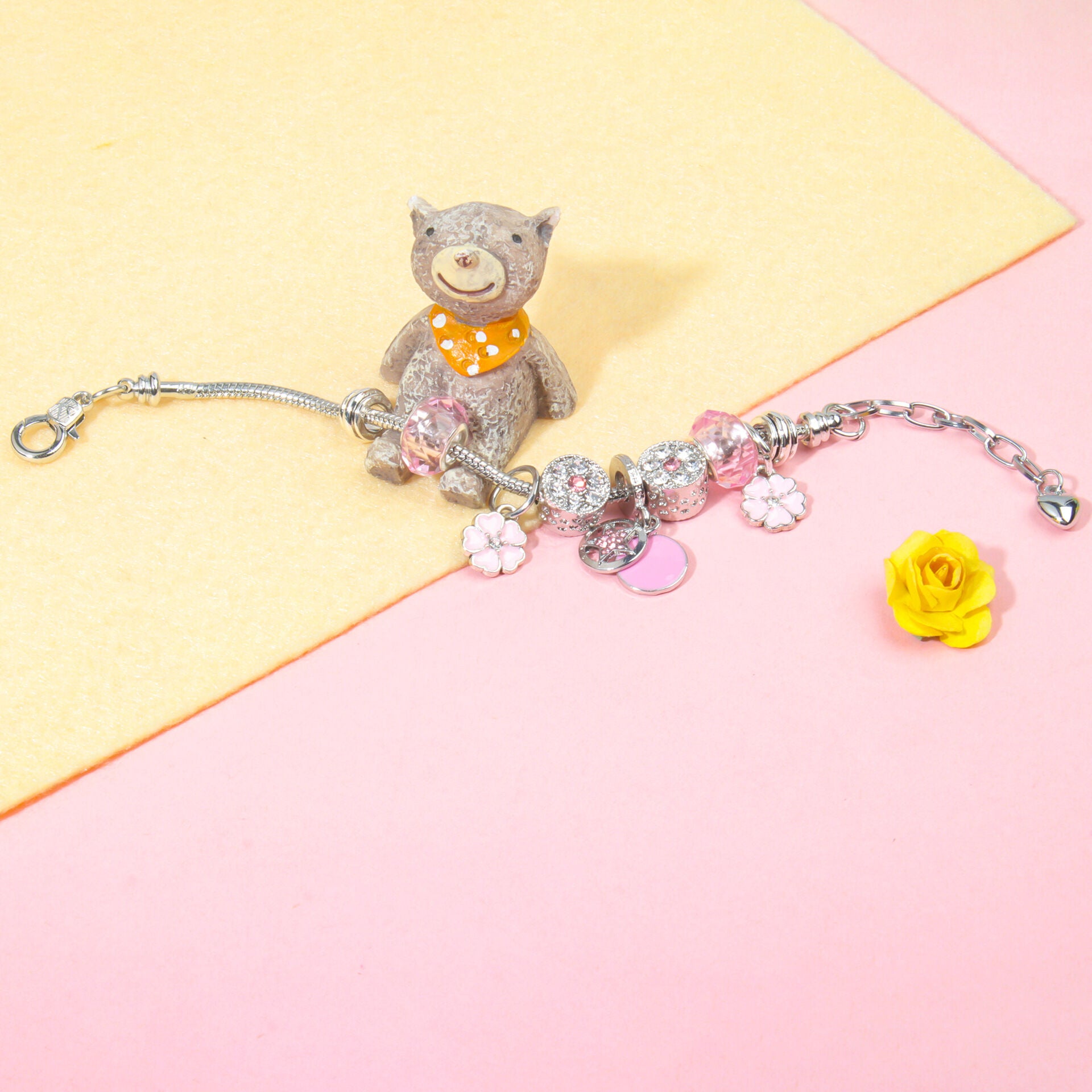 Chic Pink Crystal Beaded Bracelet with Magnolia & Star Pendant(21cm)