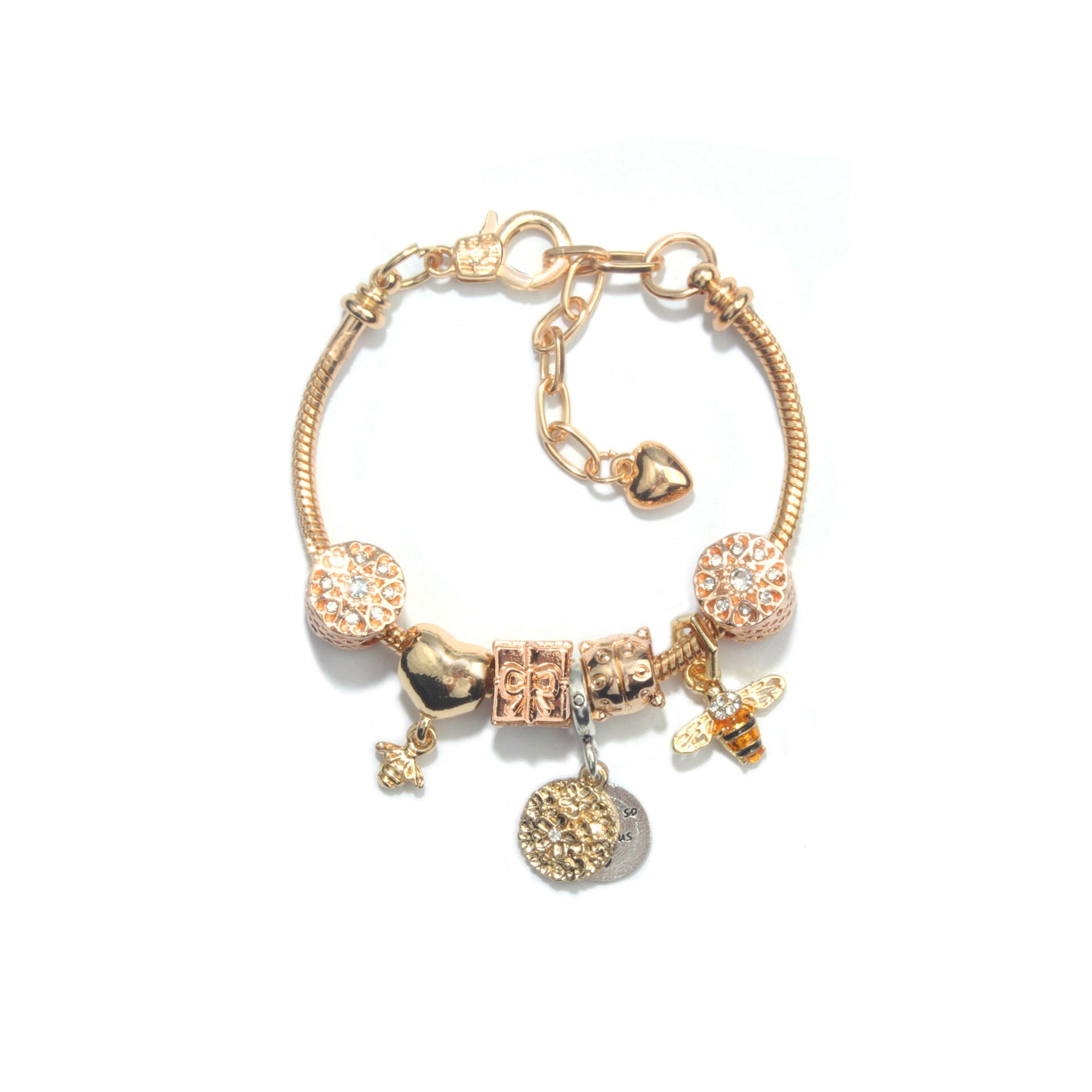 Golden Heart & Bee Charm Bracelet with Rhinestones, Hollow Flower & Gift Box Beads(16cm)