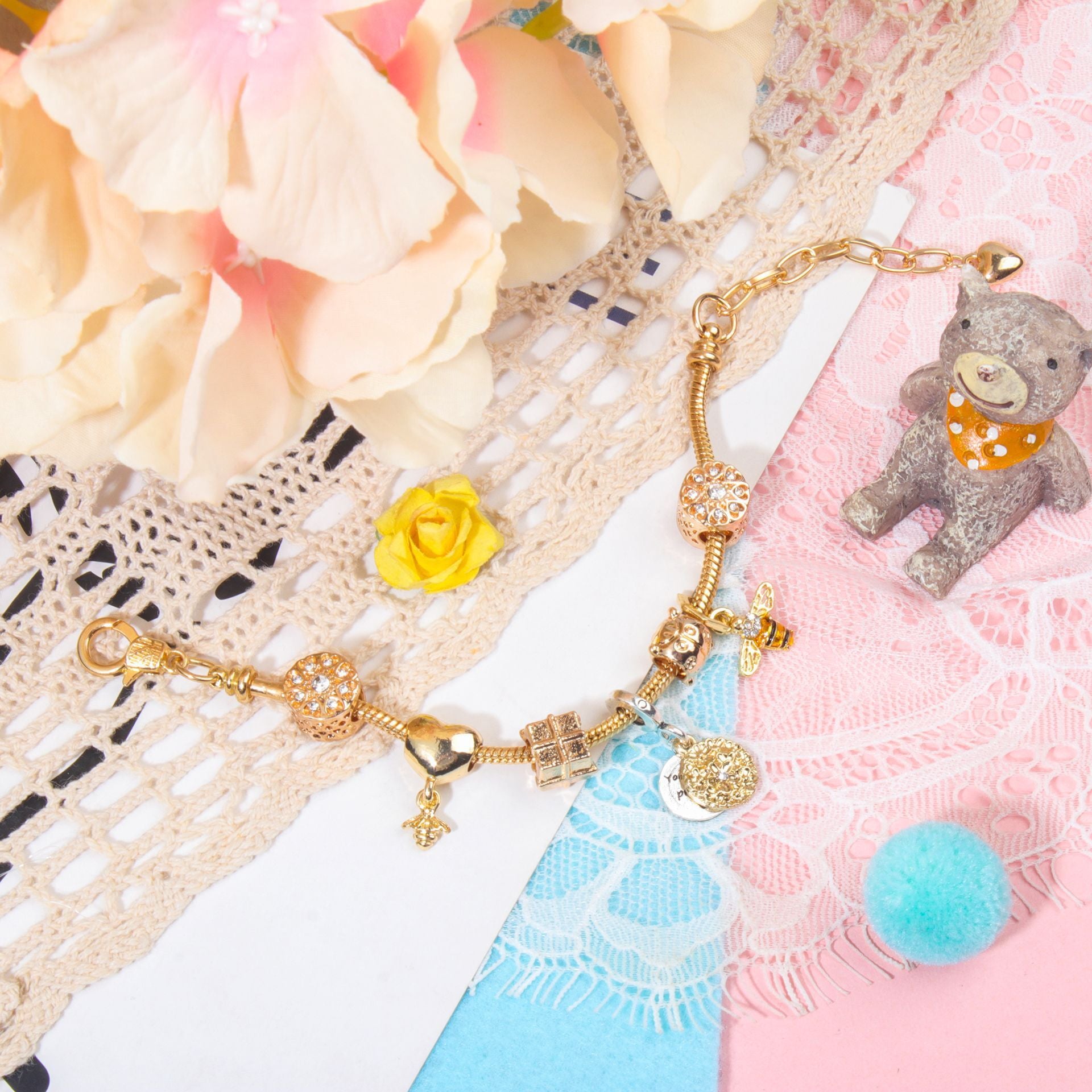 Golden Heart & Bee Charm Bracelet with Rhinestones, Hollow Flower & Gift Box Beads(17cm)