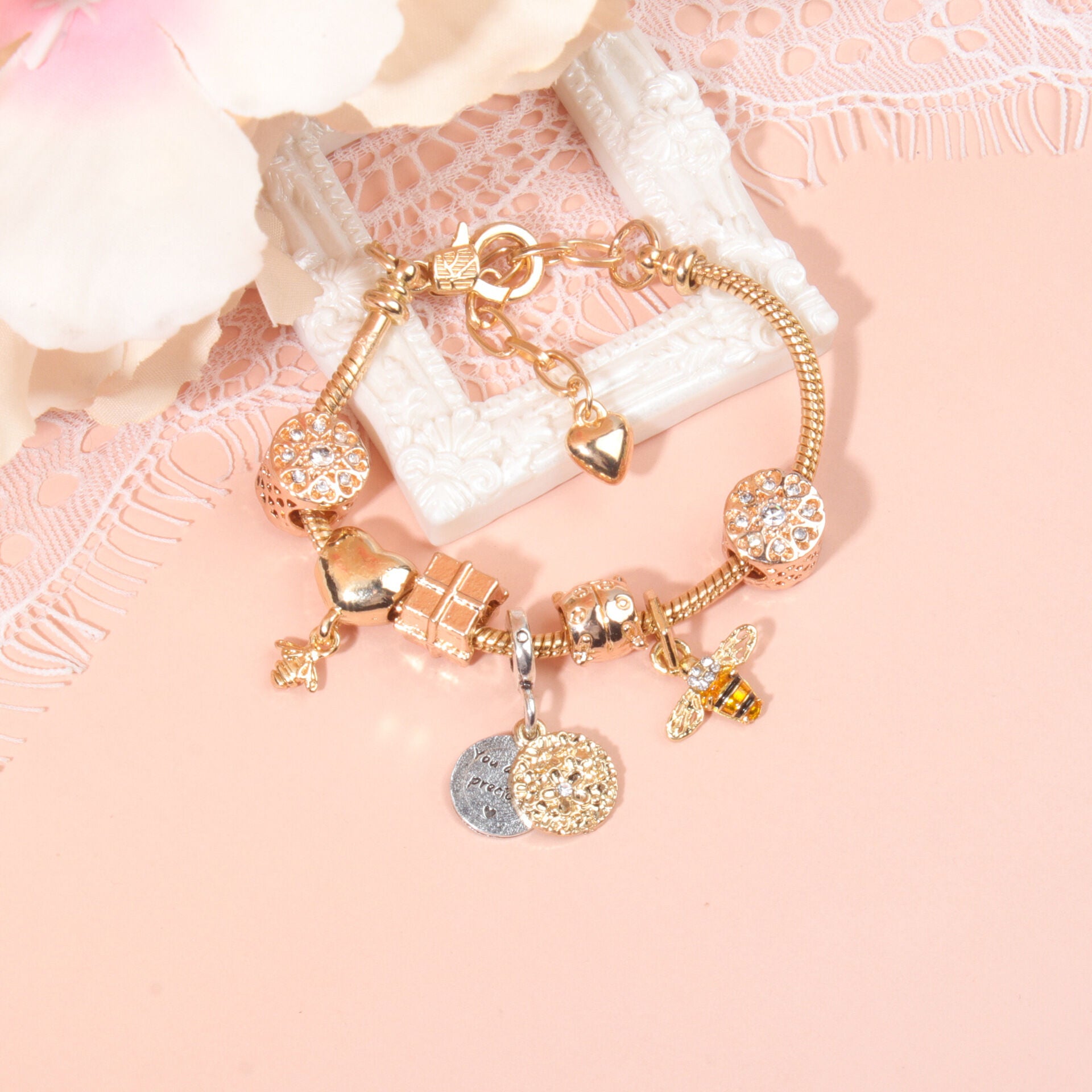 Golden Heart & Bee Charm Bracelet with Rhinestones, Hollow Flower & Gift Box Beads(18cm)