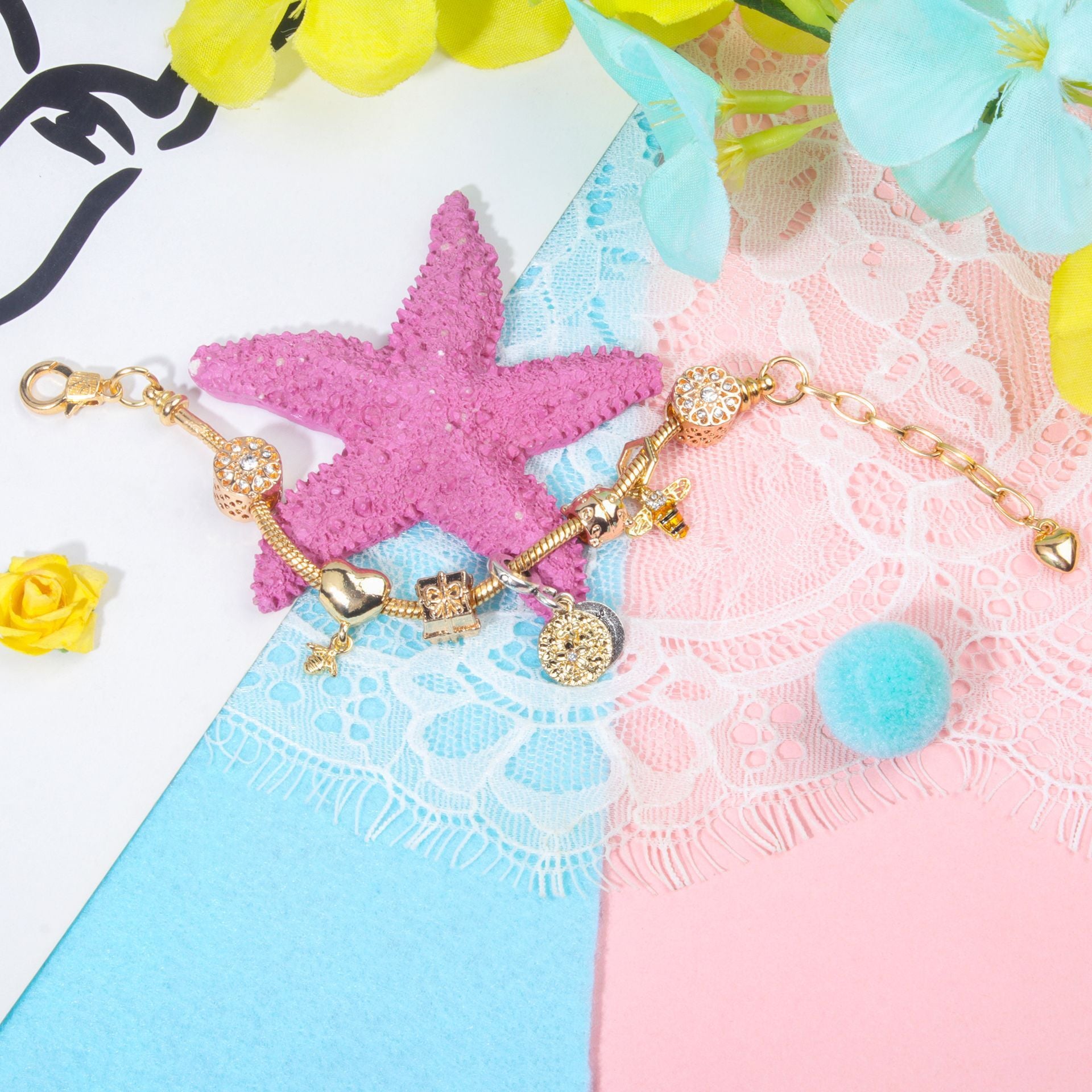 Golden Heart & Bee Charm Bracelet with Rhinestones, Hollow Flower & Gift Box Beads(19cm)