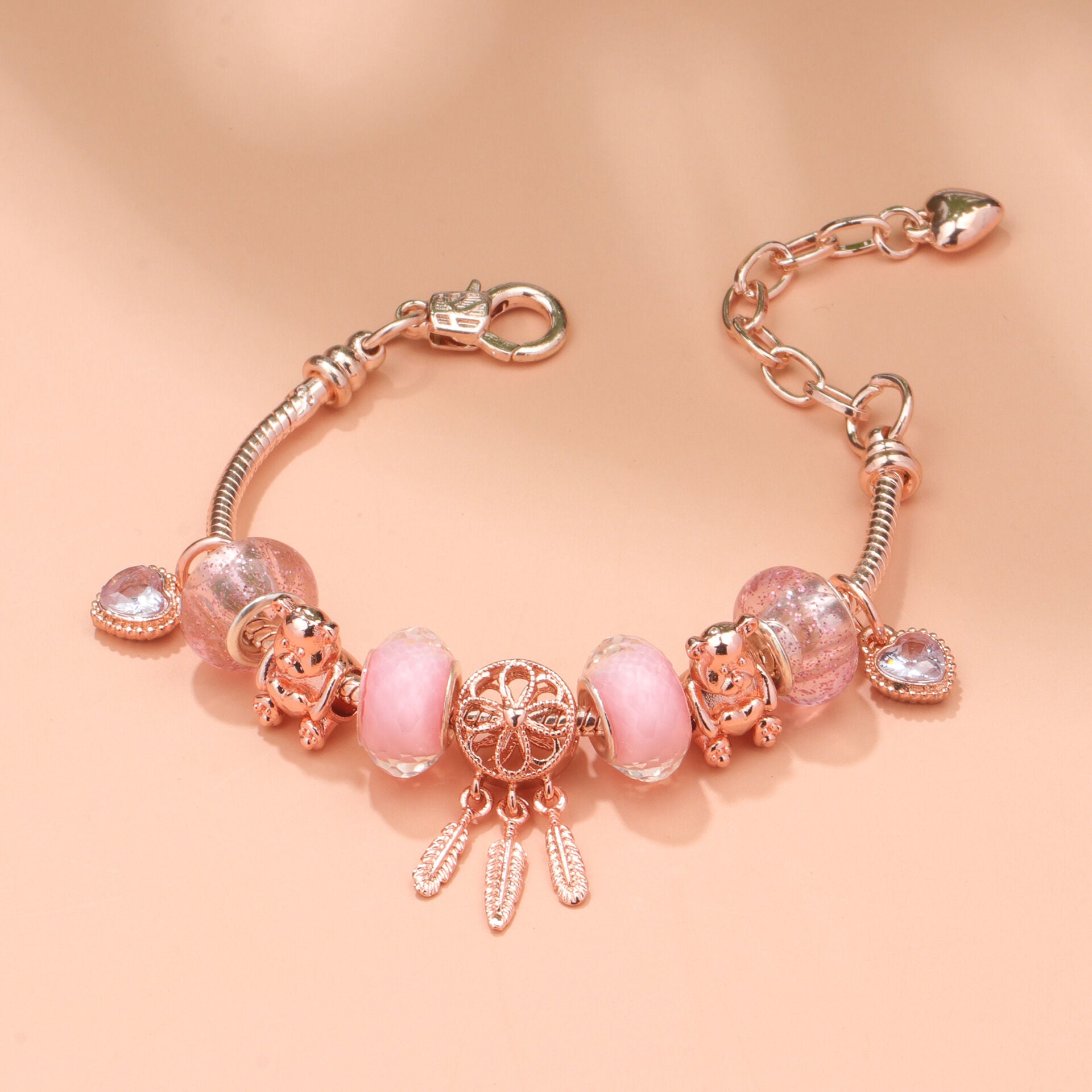 Rose Gold Charm Bracelet with Dreamcatcher & Bear Beads, Colorful Glass Beads Bracelet(16cm)