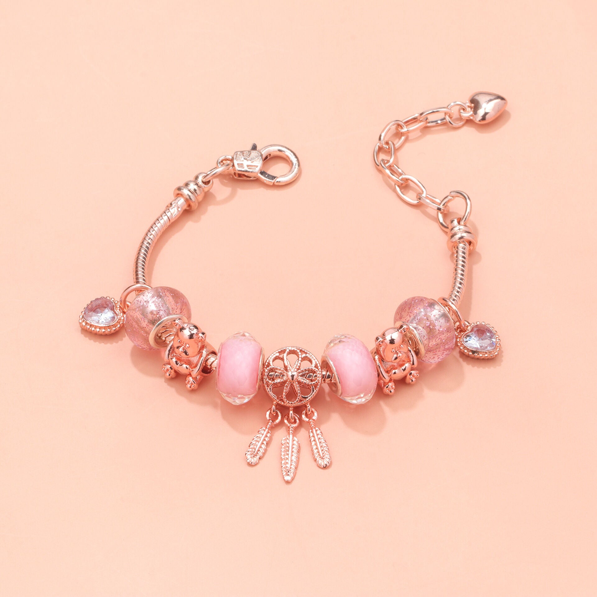 Rose Gold Charm Bracelet with Dreamcatcher & Bear Beads, Colorful Glass Beads Bracelet(20cm)