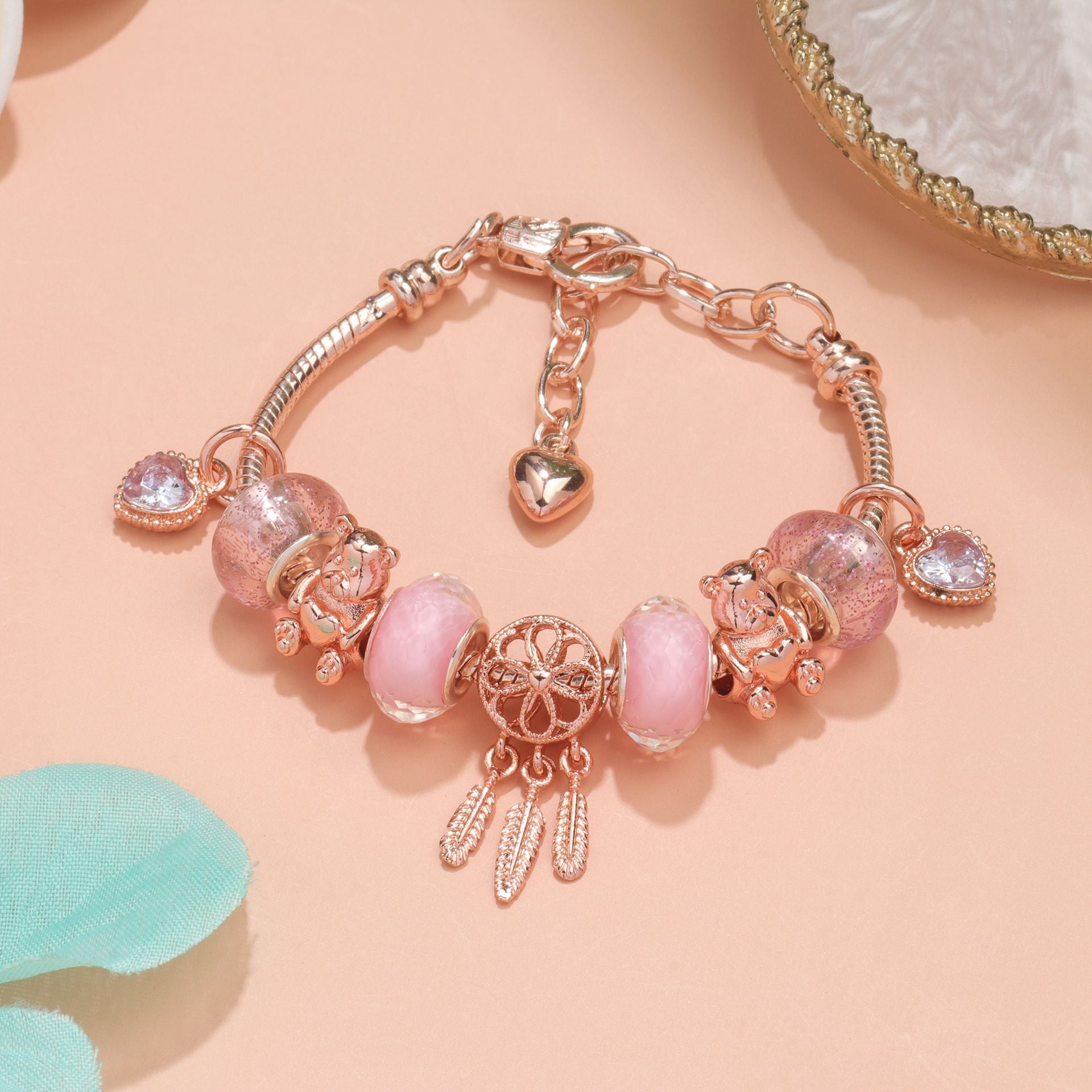 Rose Gold Charm Bracelet with Dreamcatcher & Bear Beads, Colorful Glass Beads Bracelet(20cm)