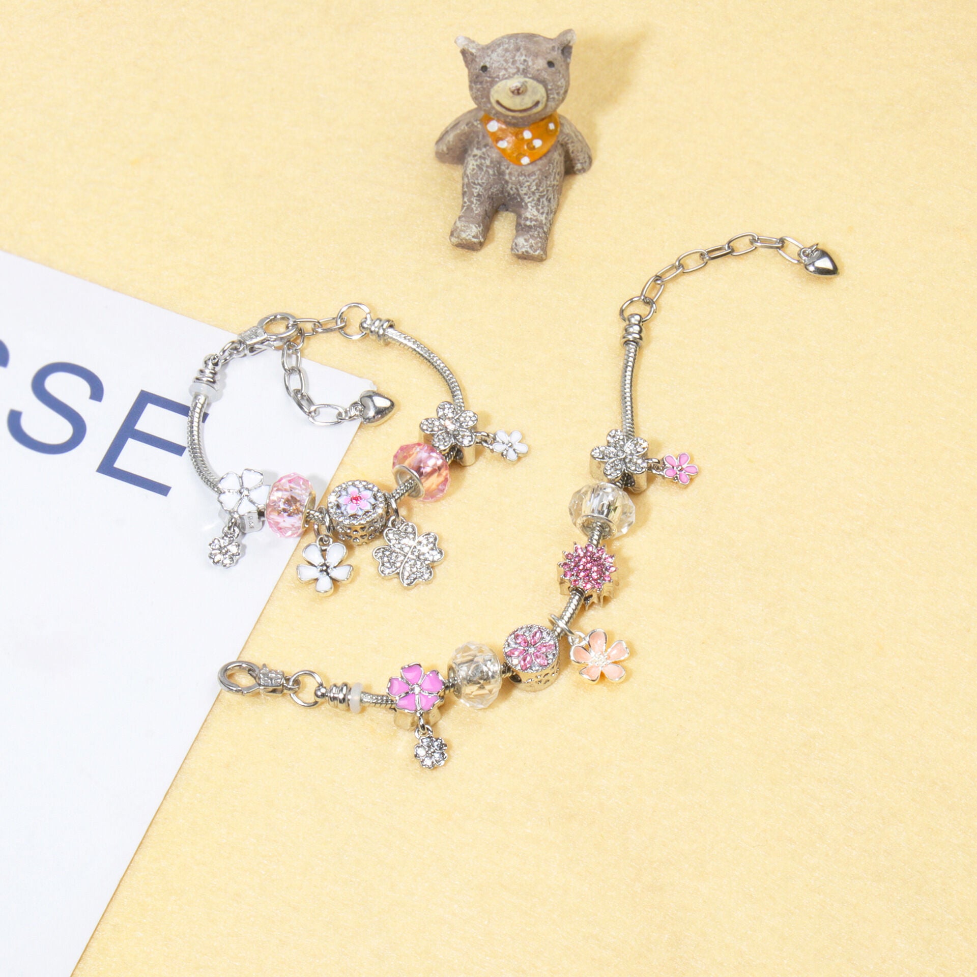 Chic Camellia Bead Charm DIY Bracelet with Crystal(pink flower-21cm)