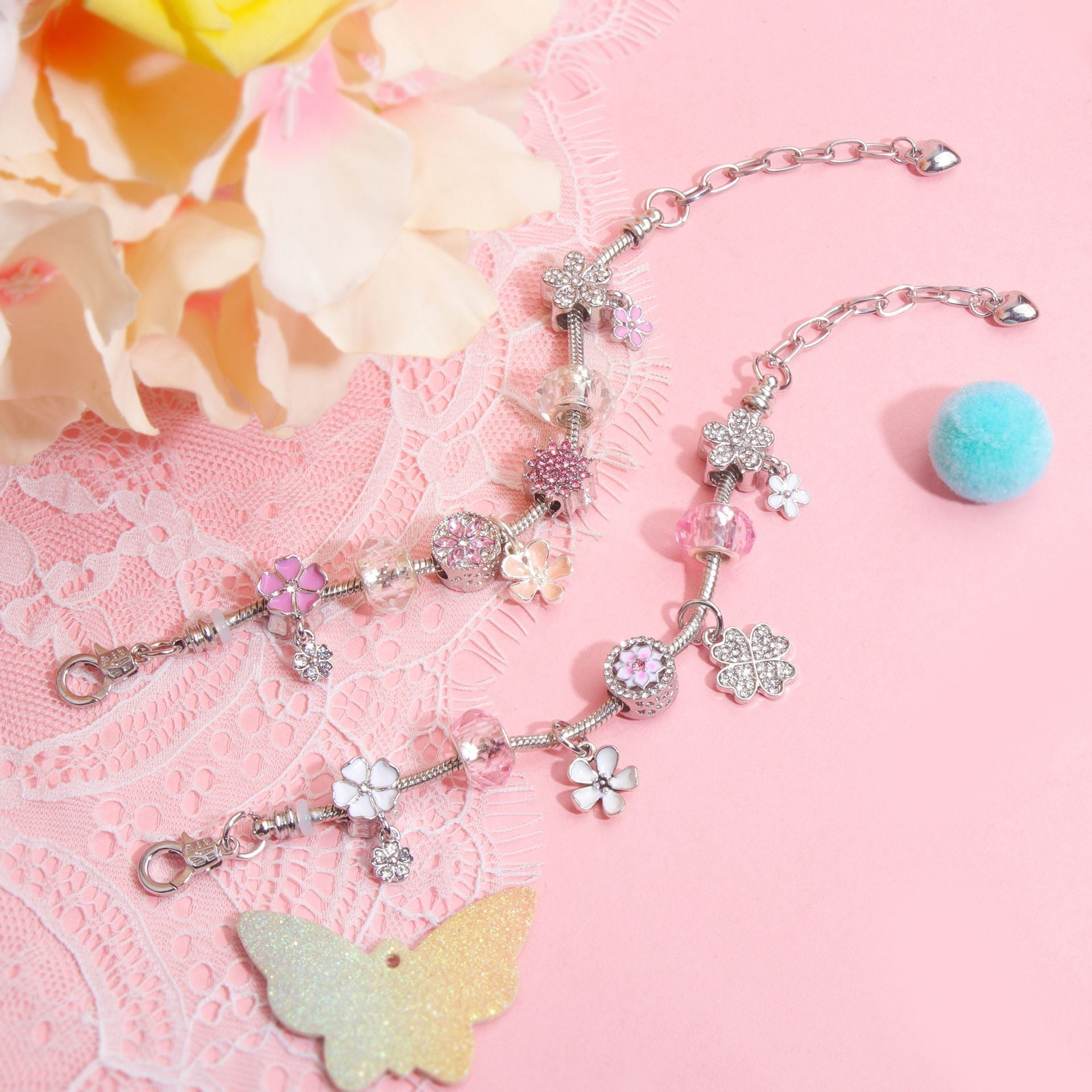 Chic Camellia Bead Charm DIY Bracelet with Crystal(pink flower-21cm)