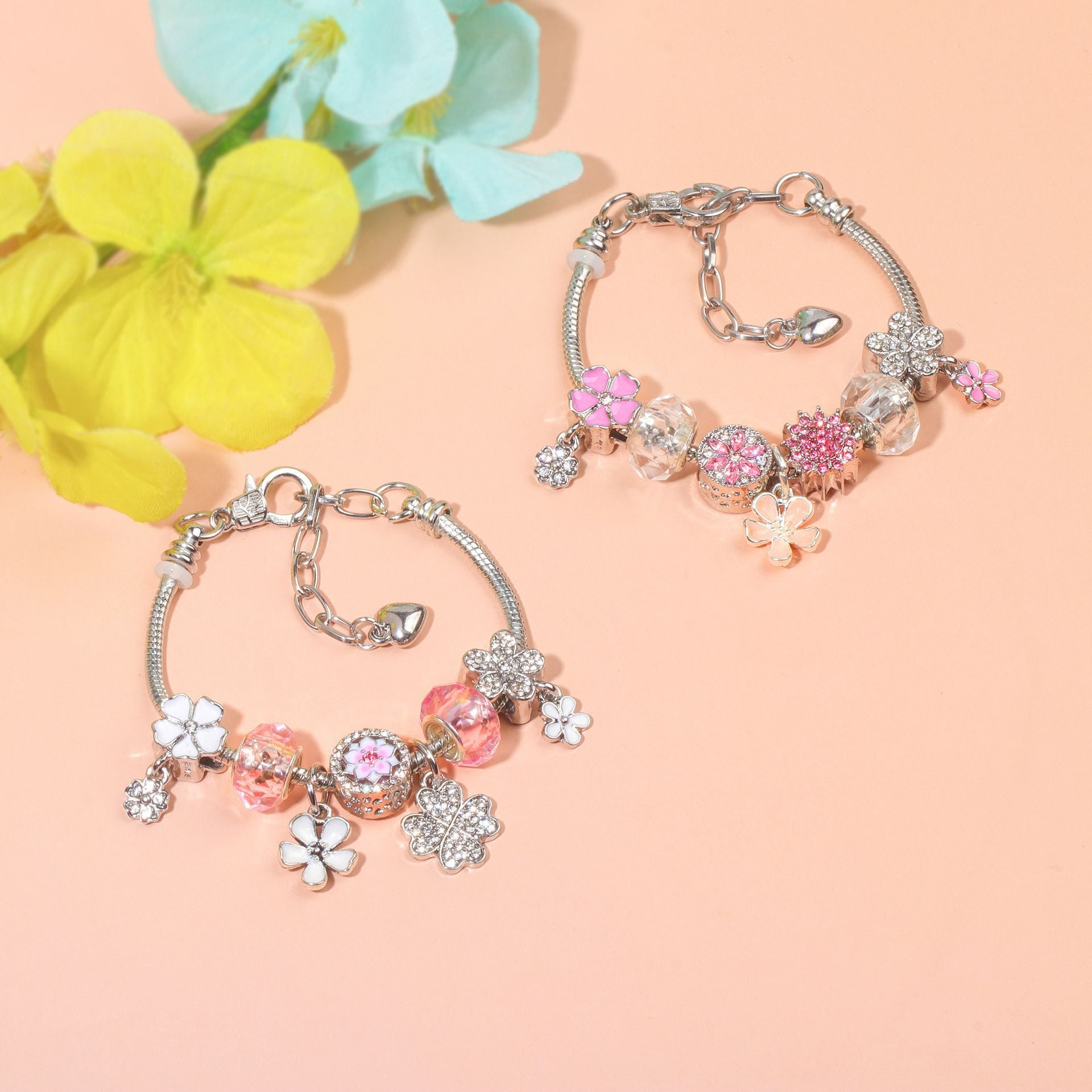 Chic Camellia Bead Charm DIY Bracelet with Crystal(pink flower-21cm)