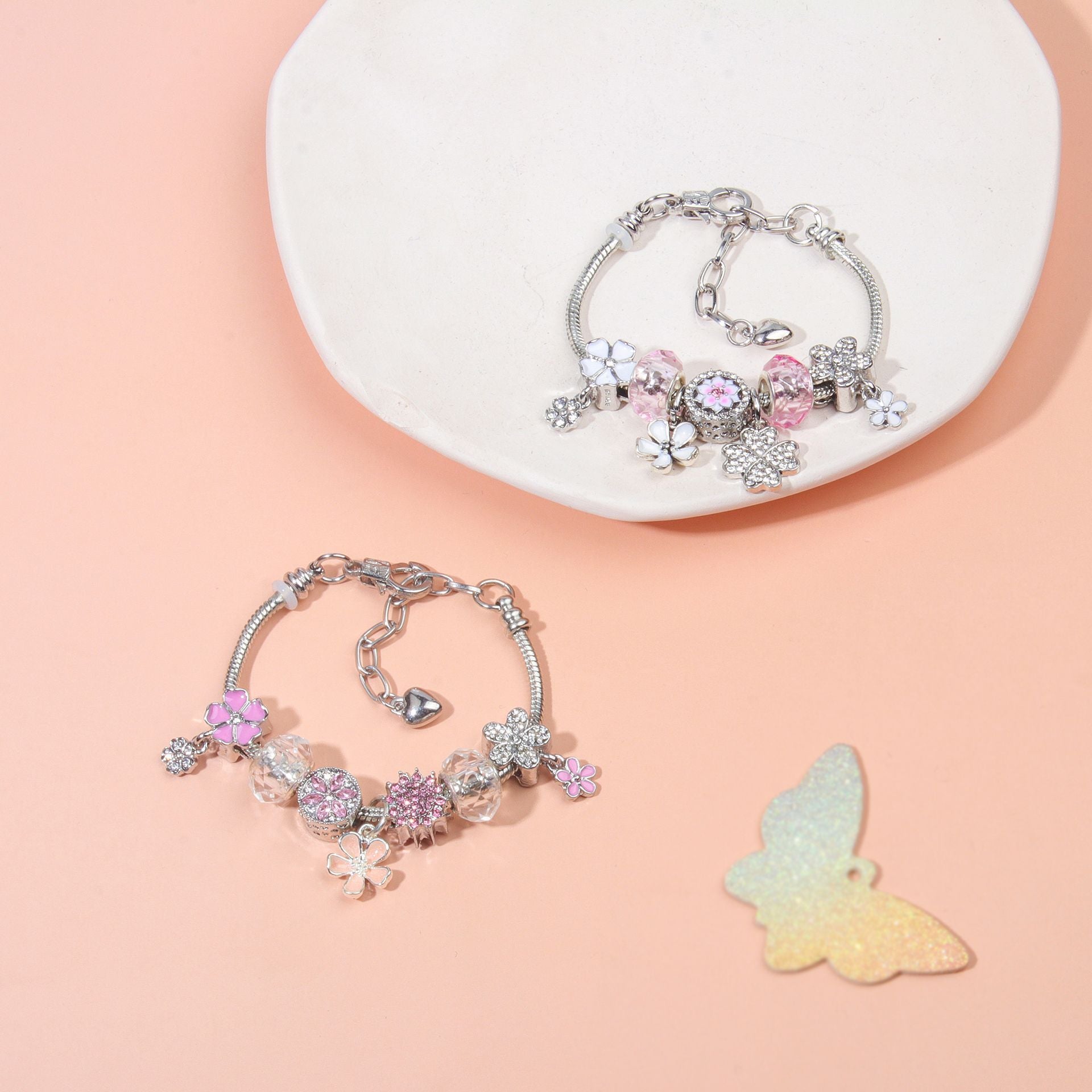 Chic Camellia Bead Charm DIY Bracelet with Crystal(pink flower-21cm)