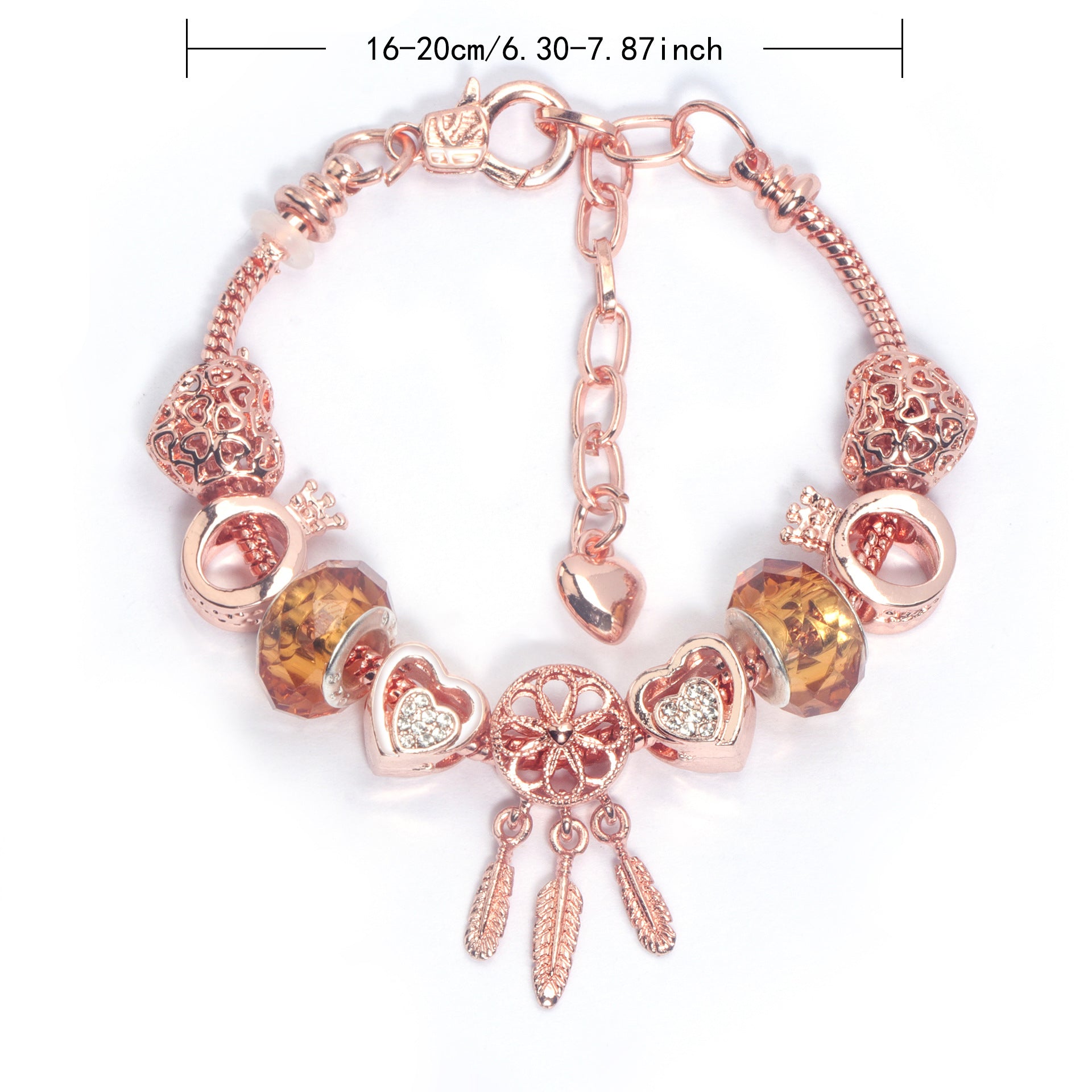Rose Gold Plated Charm Bracelet with Zircon, Hollow Heart, Flower, Crown & Glass Beads(17cm)