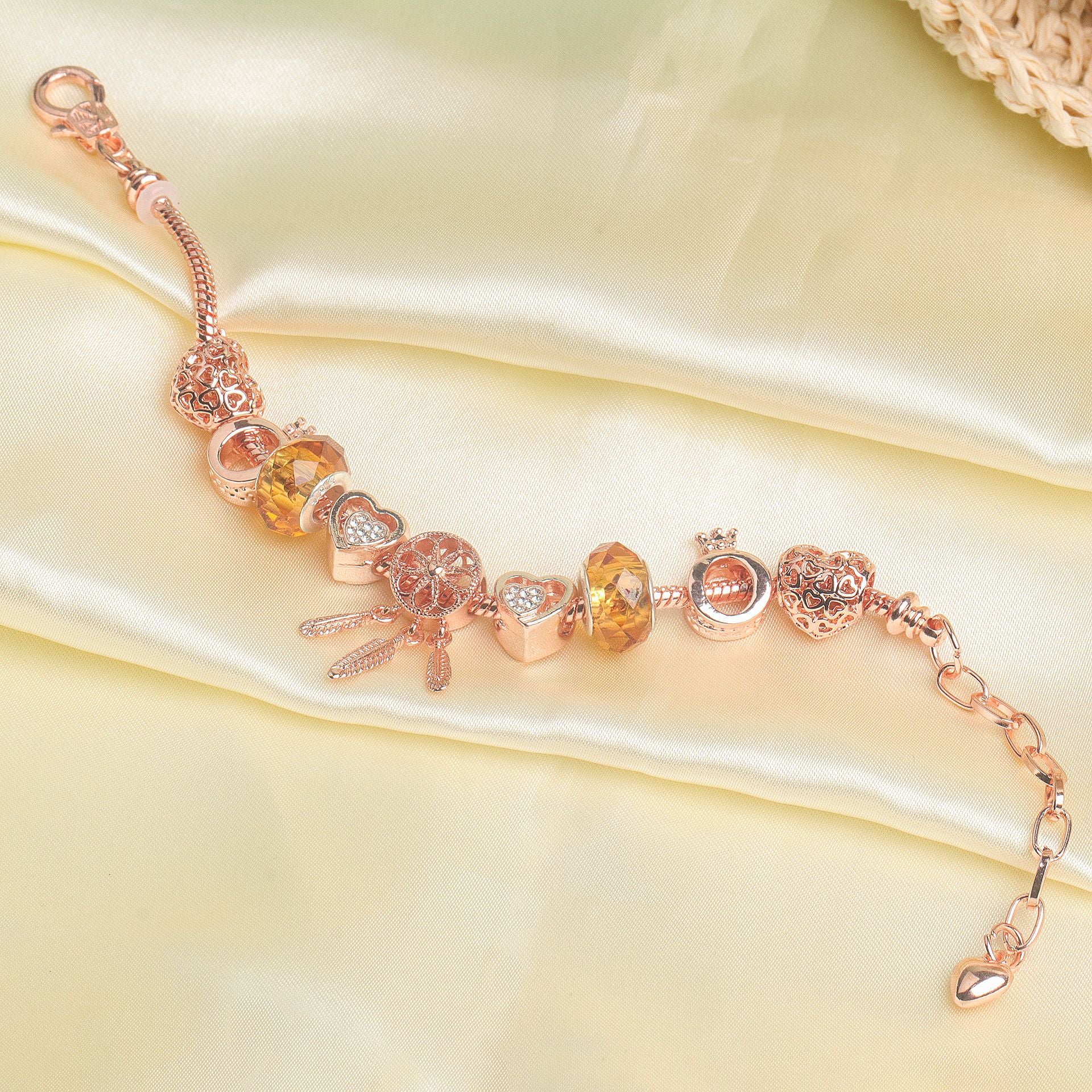 Rose Gold Plated Charm Bracelet with Zircon, Hollow Heart, Flower, Crown & Glass Beads(19cm)