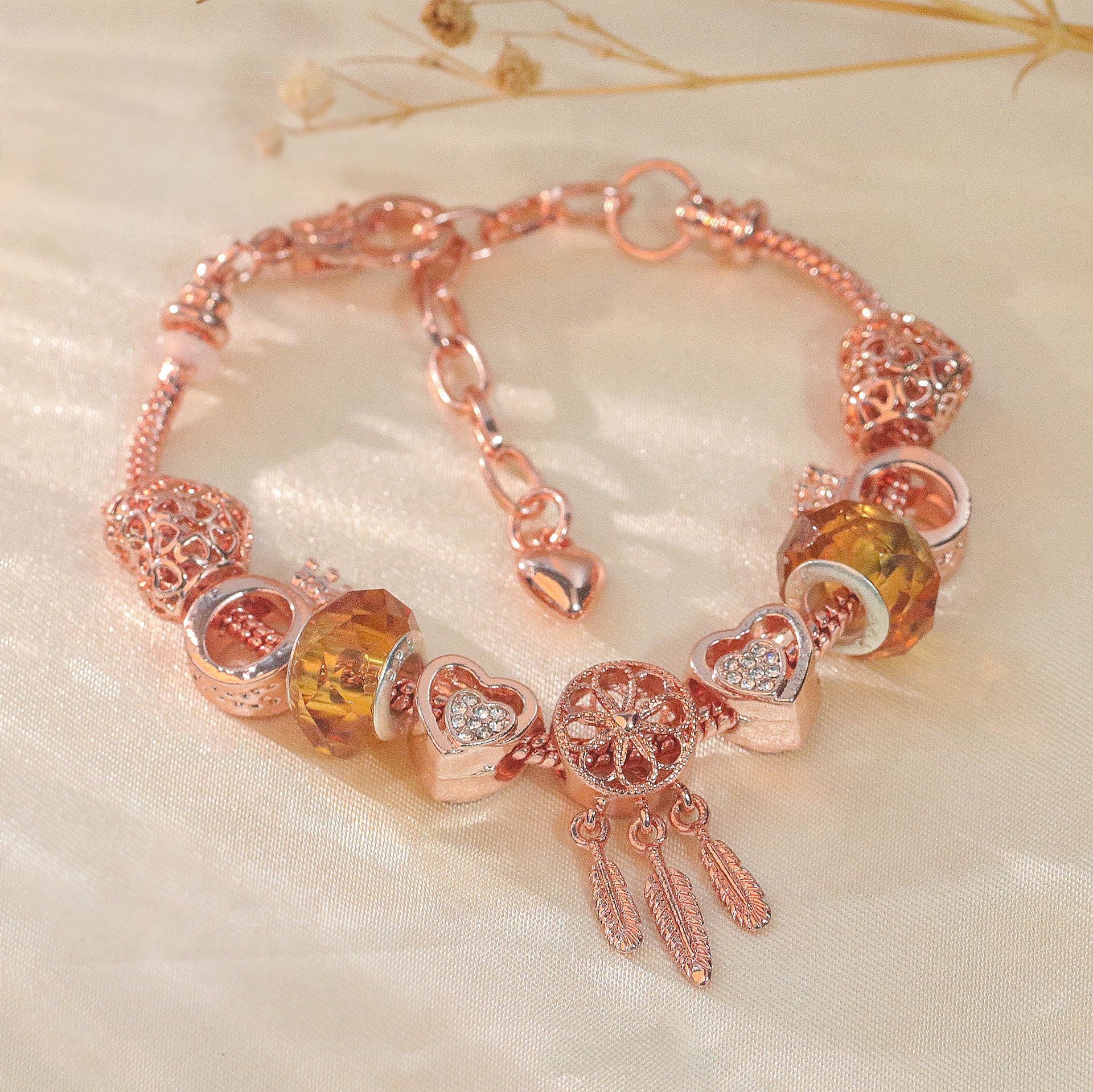 Rose Gold Plated Charm Bracelet with Zircon, Hollow Heart, Flower, Crown & Glass Beads(19cm)