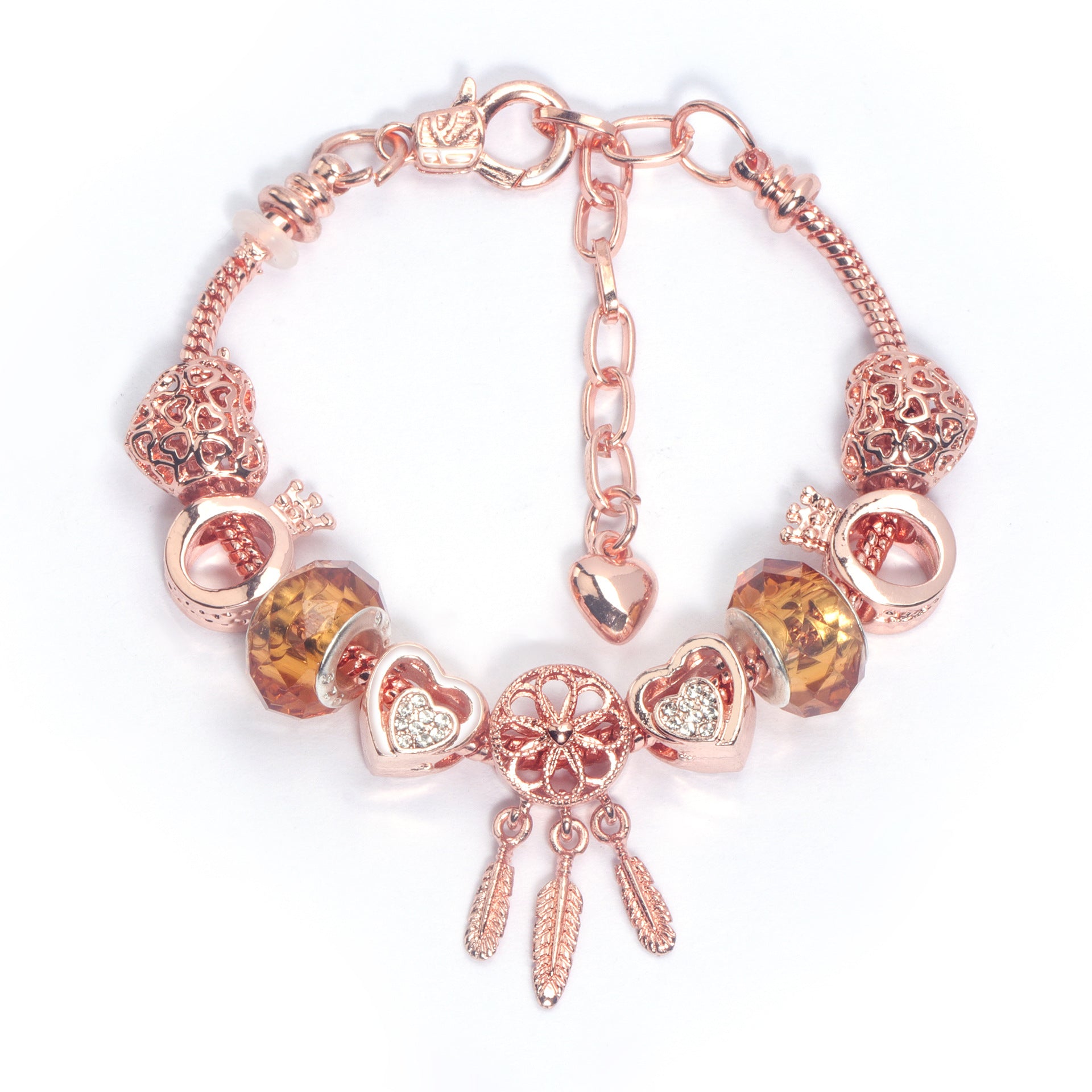 Rose Gold Plated Charm Bracelet with Zircon, Hollow Heart, Flower, Crown & Glass Beads(21cm)