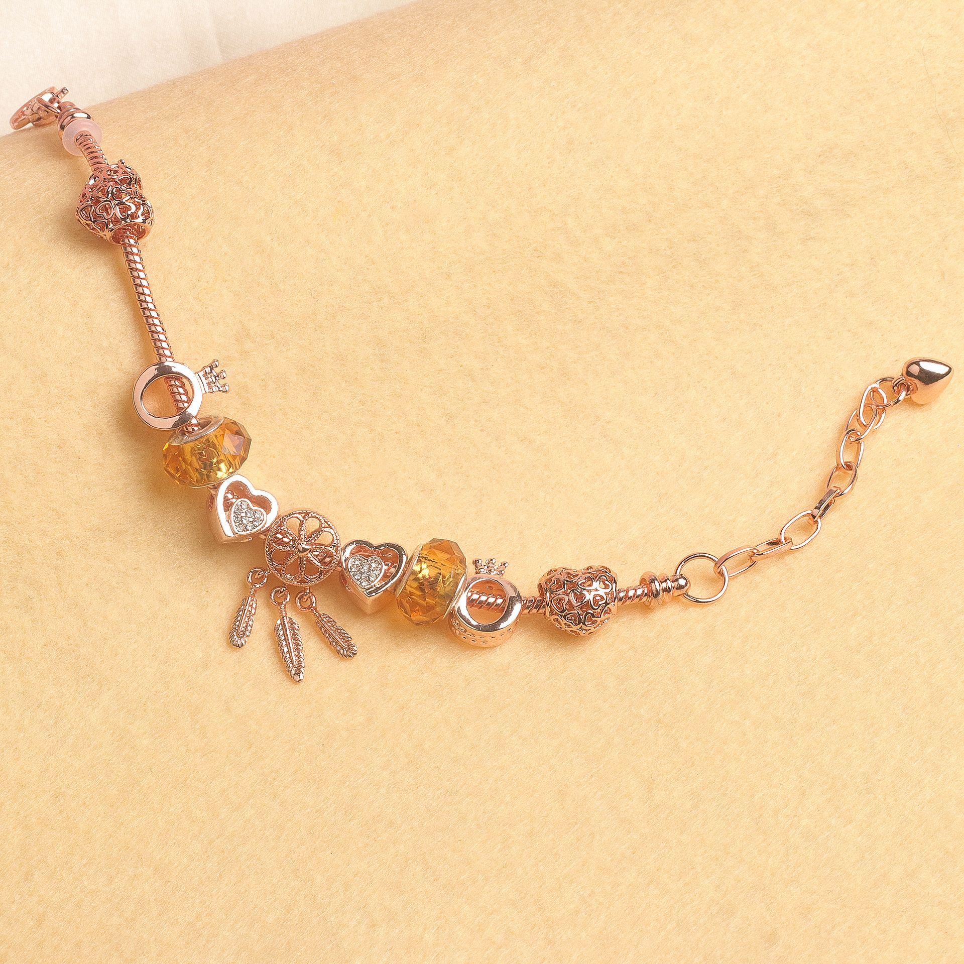 Rose Gold Plated Charm Bracelet with Zircon, Hollow Heart, Flower, Crown & Glass Beads(21cm)