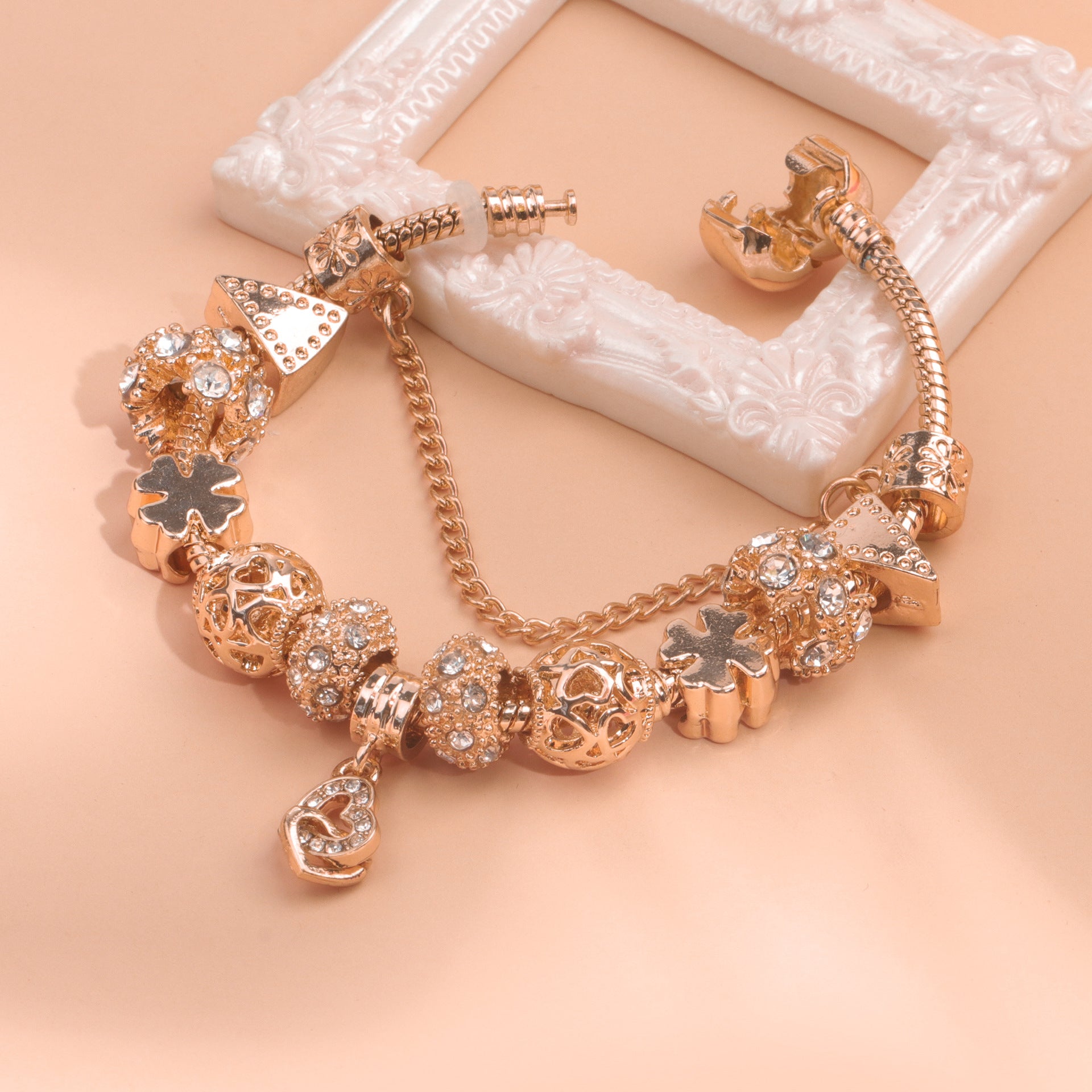 Rose Gold Crystal Charm Bracelet with Clover, Heart, Triangle Beads & Heart Pendant(17cm)