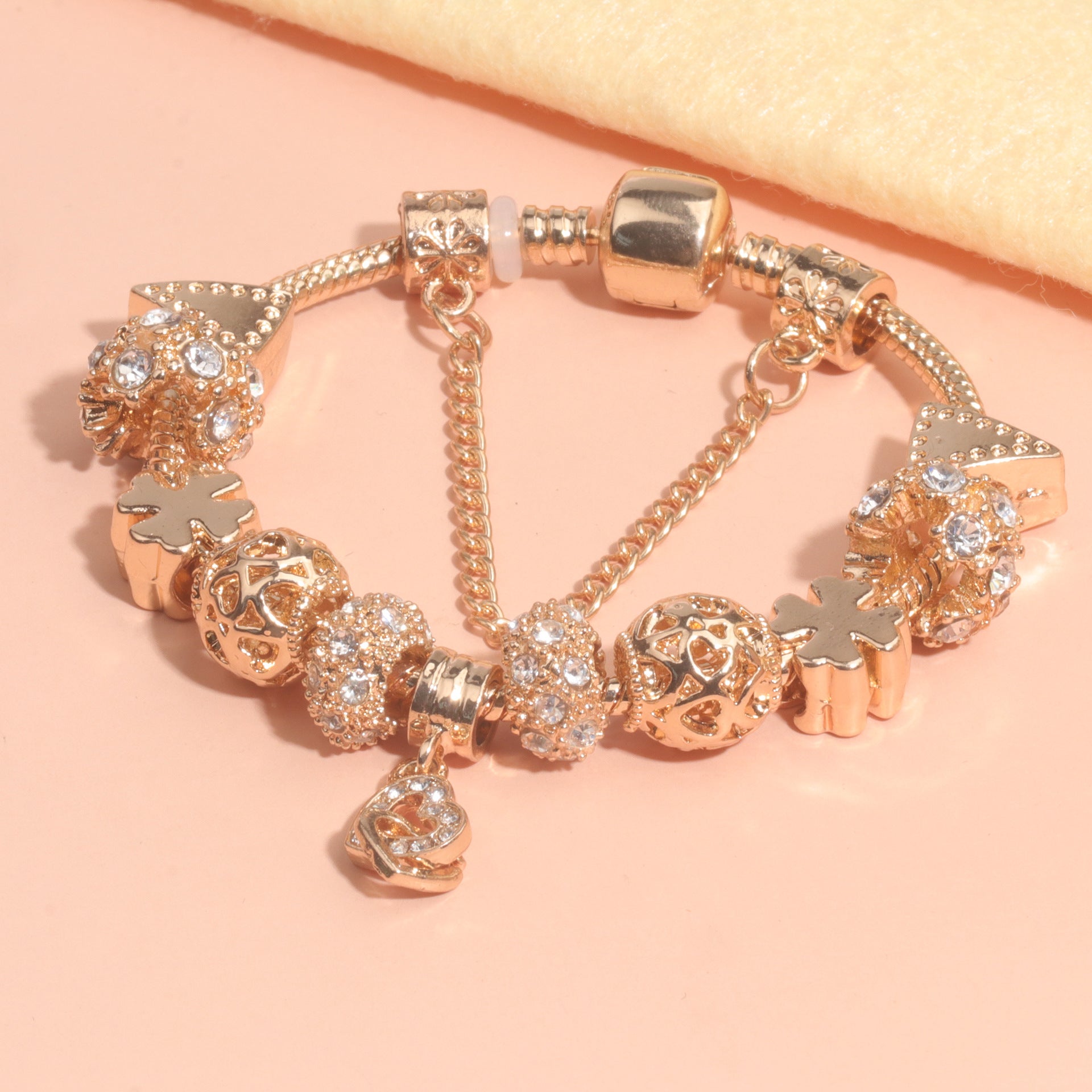 Rose Gold Crystal Charm Bracelet with Clover, Heart, Triangle Beads & Heart Pendant(17cm)