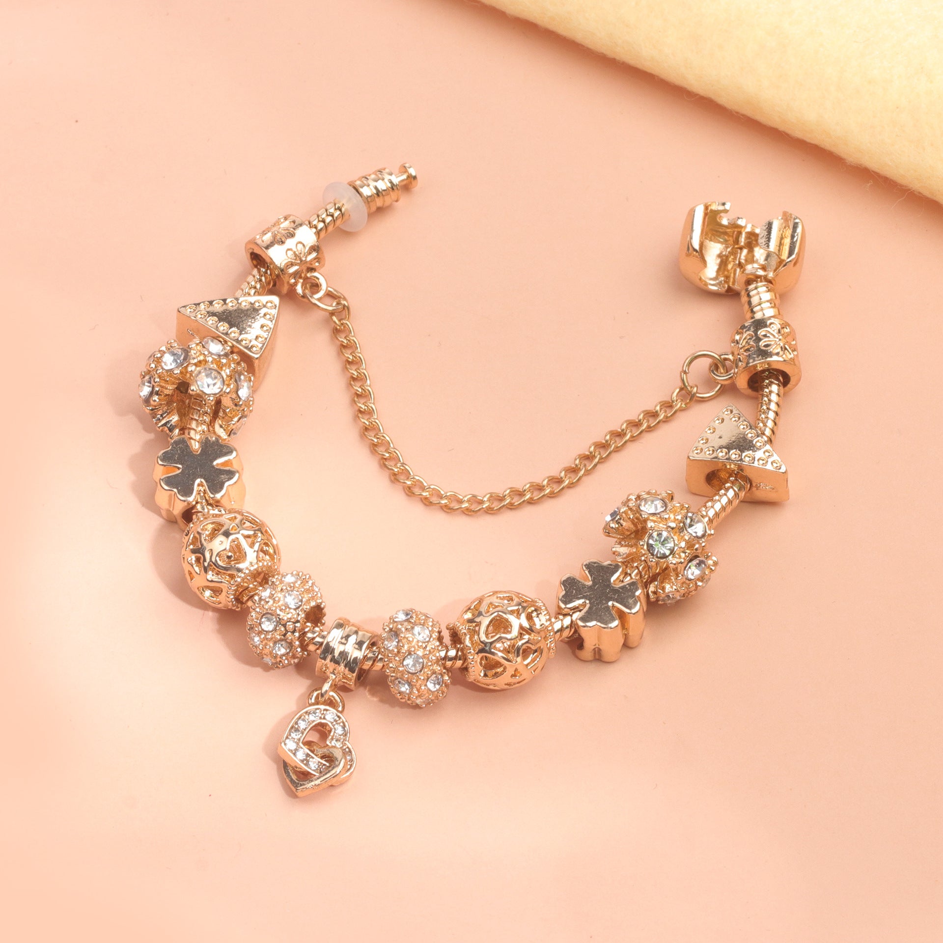 Rose Gold Crystal Charm Bracelet with Clover, Heart, Triangle Beads & Heart Pendant(19cm)