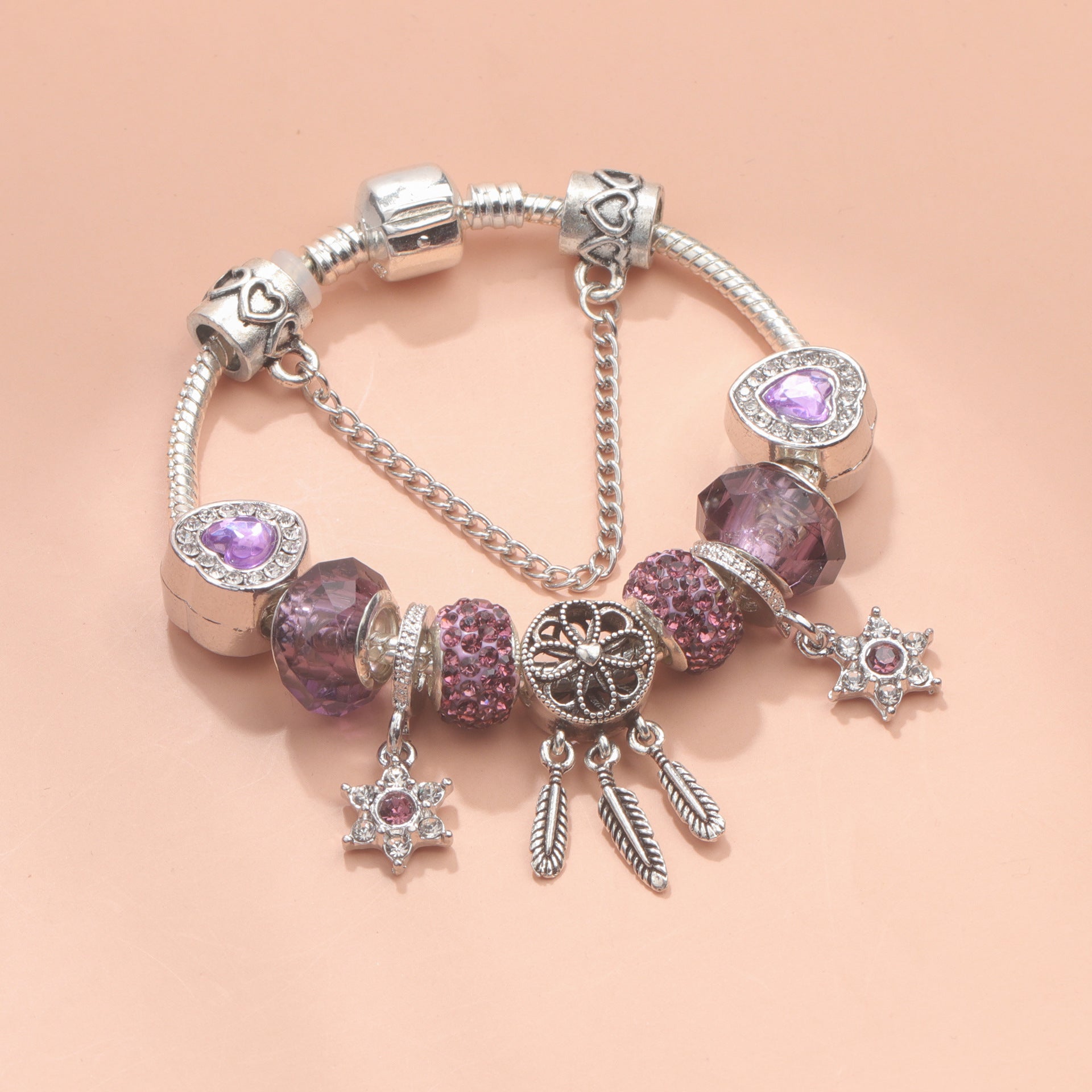 Purple Crystal Beaded Charm Bracelet with Star & Dreamcatcher Pendant, Rhinestone-Embedded DIY Alloy Bracelet(19cm)