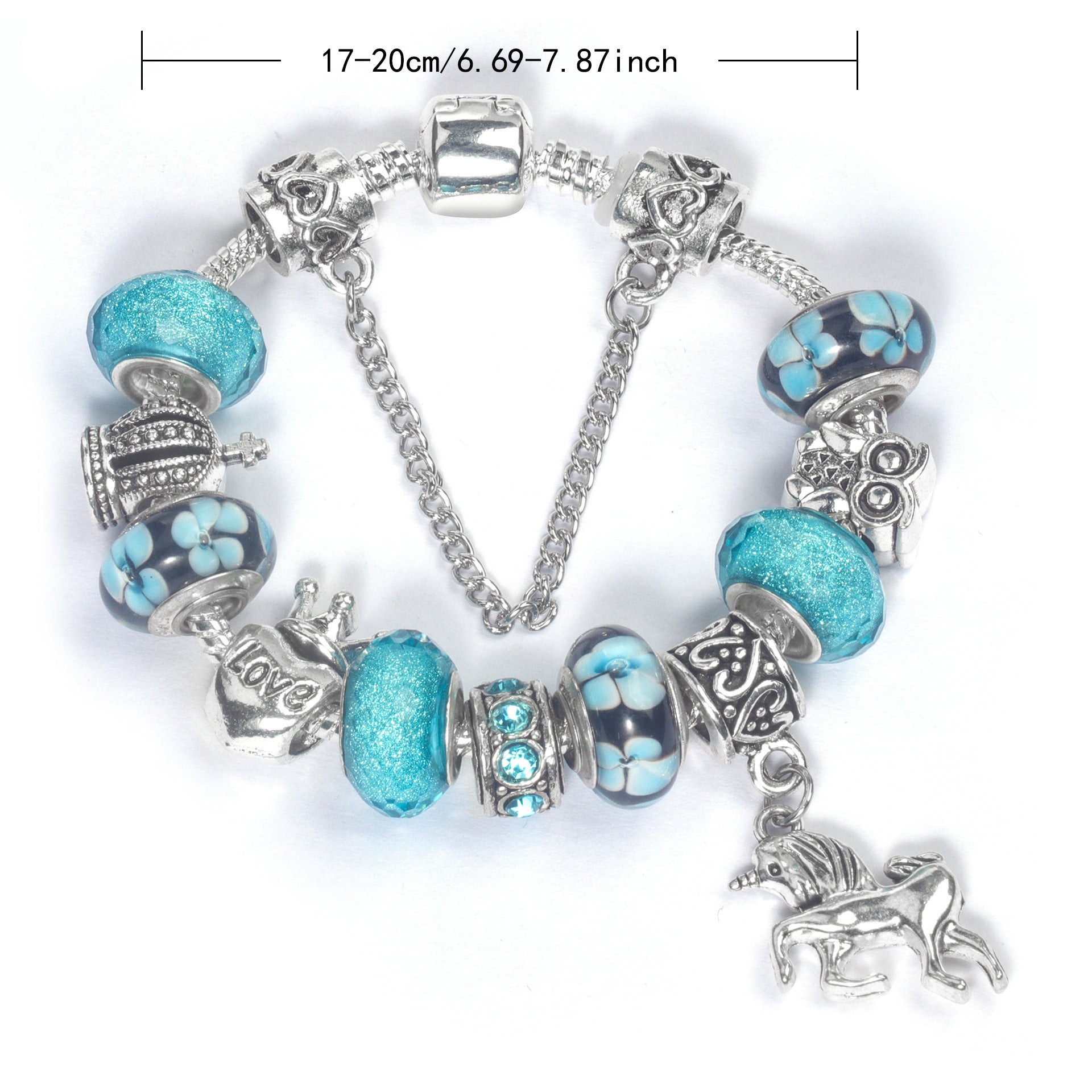 Vintage Water Glass Rhinestone Heart Crown Beaded Unicorn Pendant DIY Bracelet(18cm)
