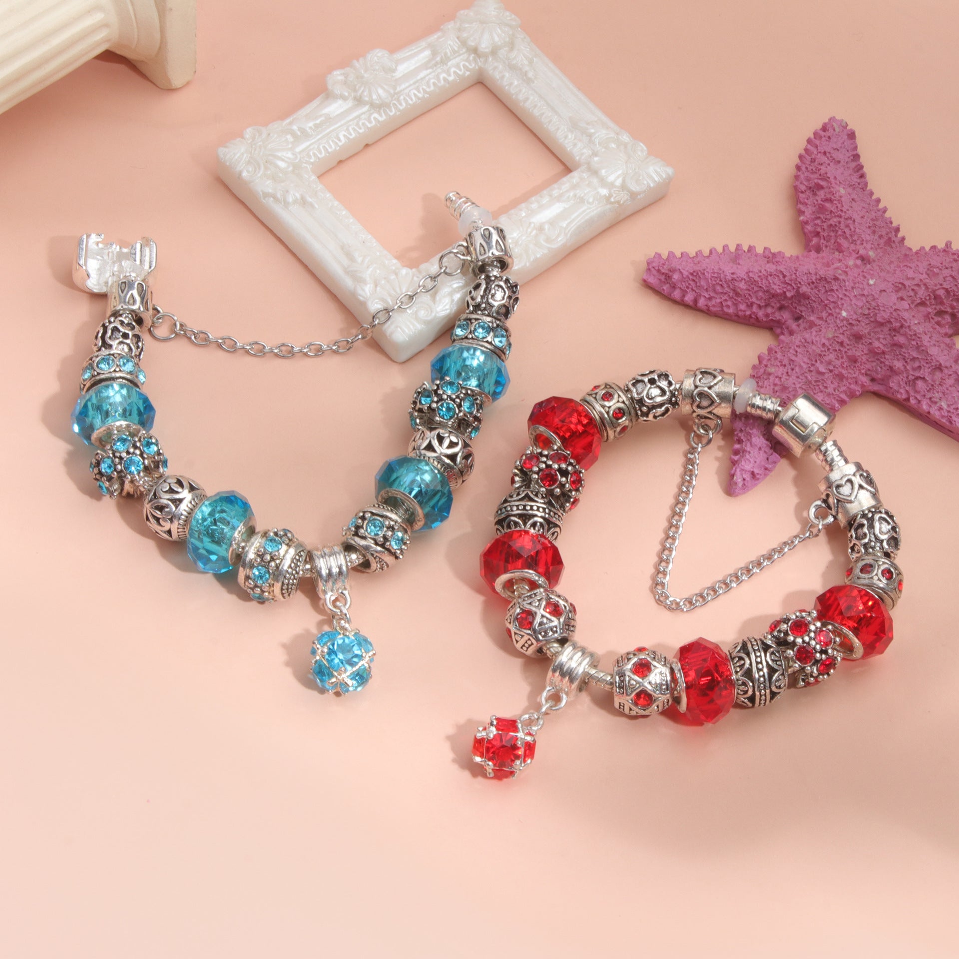 Ethnic Crystal Bead DIY Bracelet blue Alloy Electroplated Big Bead Bracelet(18cm)