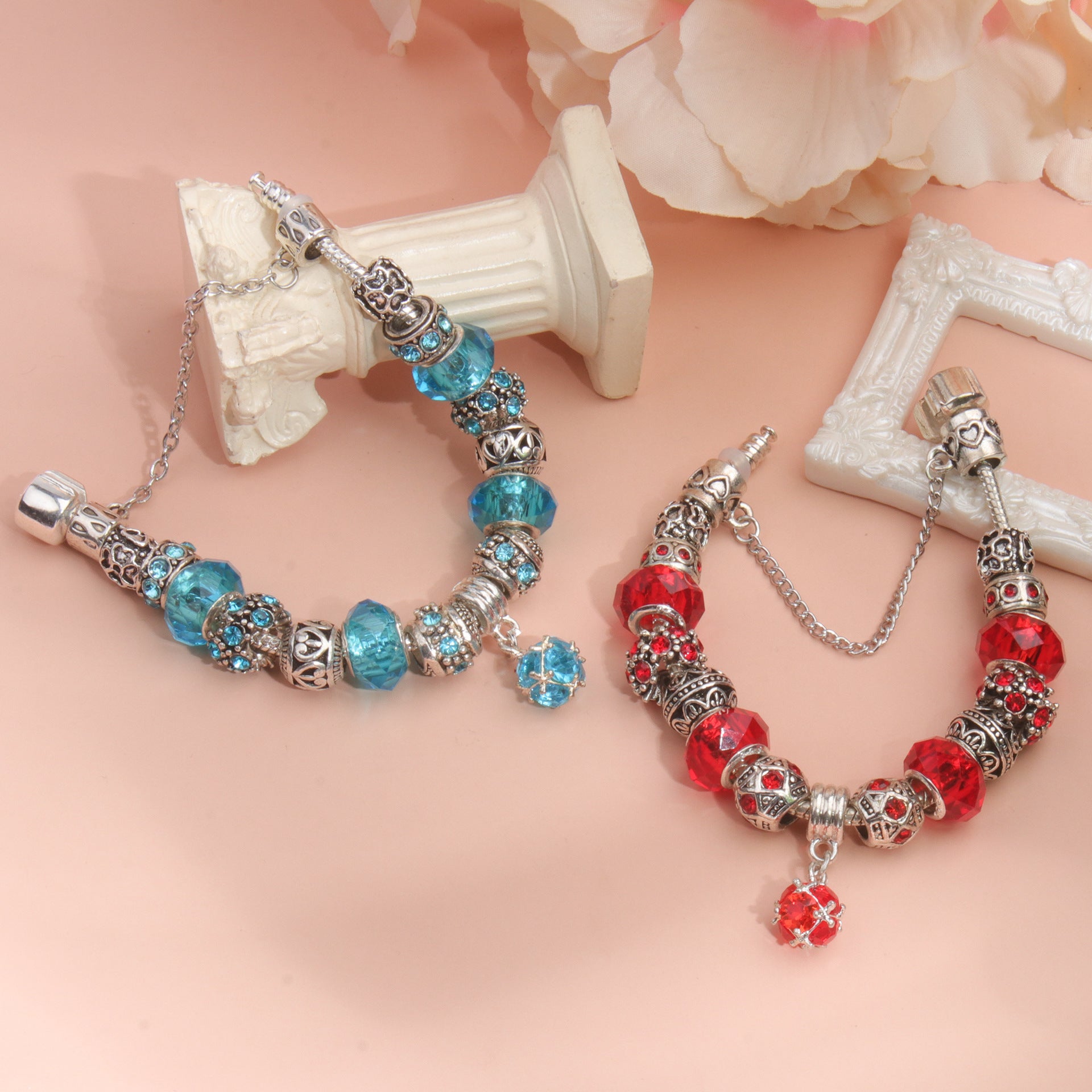 Ethnic Crystal Bead DIY Bracelet blue Alloy Electroplated Big Bead Bracelet(19cm)