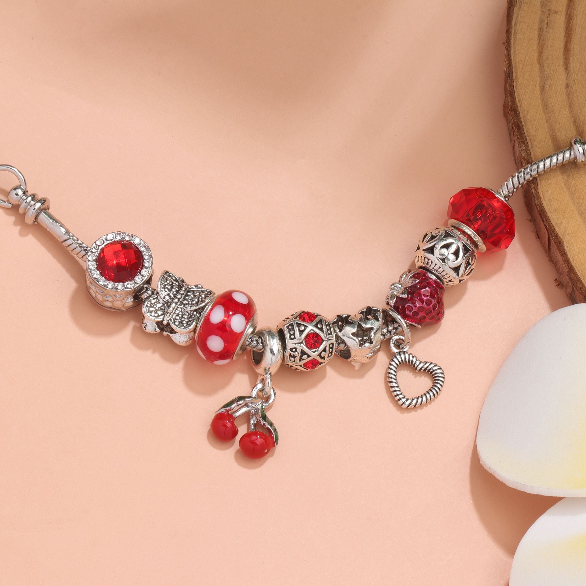 Charm Bracelet with Tortoise, Heart, Clover Pendant(red,18cm)