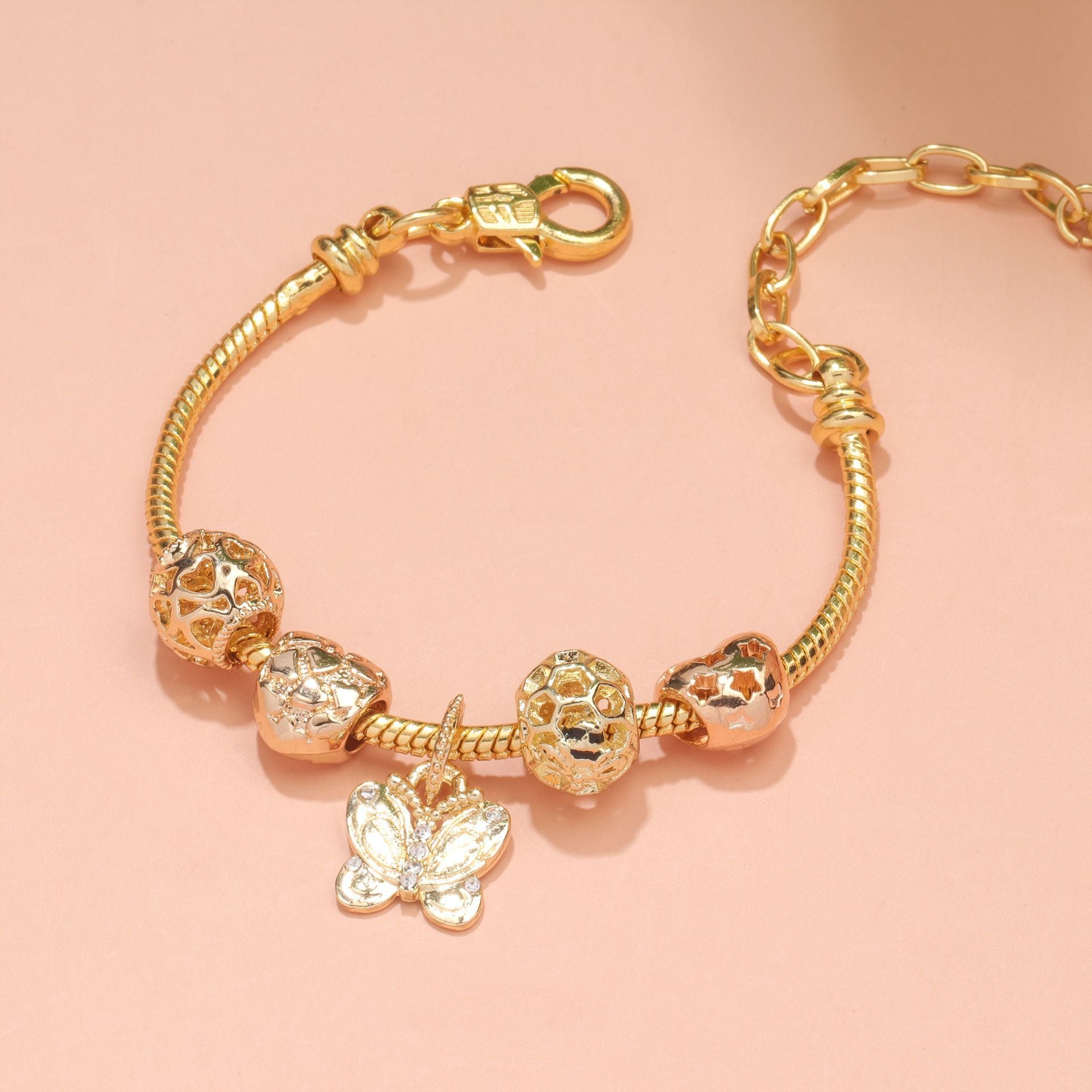 Hollow Beads Butterfly Heart Charm Bracele(yellow,16cm)