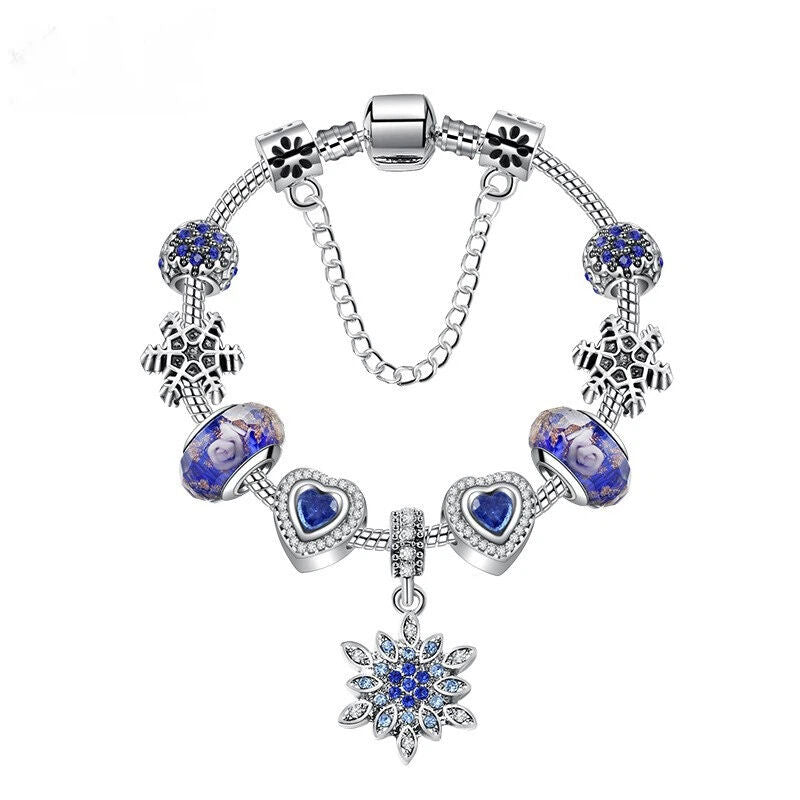 Blue Cat’s Eye & Glass Bead Bracelet – Rhinestone Snowflake Pendant(17cm)
