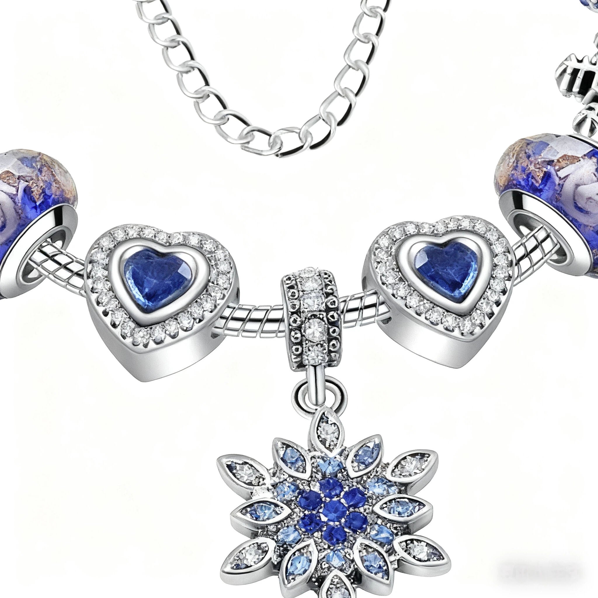 Blue Cat’s Eye & Glass Bead Bracelet – Rhinestone Snowflake Pendant(17cm)