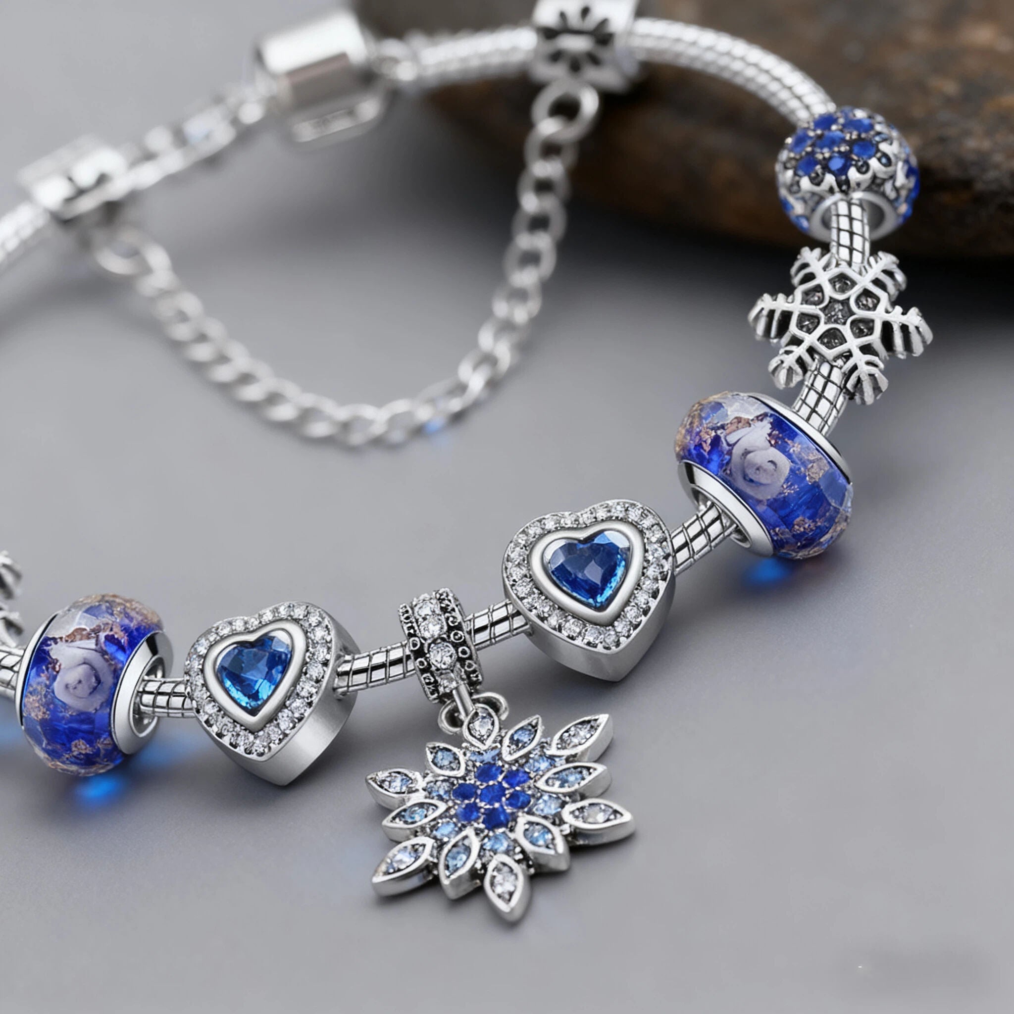 Blue Cat’s Eye & Glass Bead Bracelet – Rhinestone Snowflake Pendant(17cm)