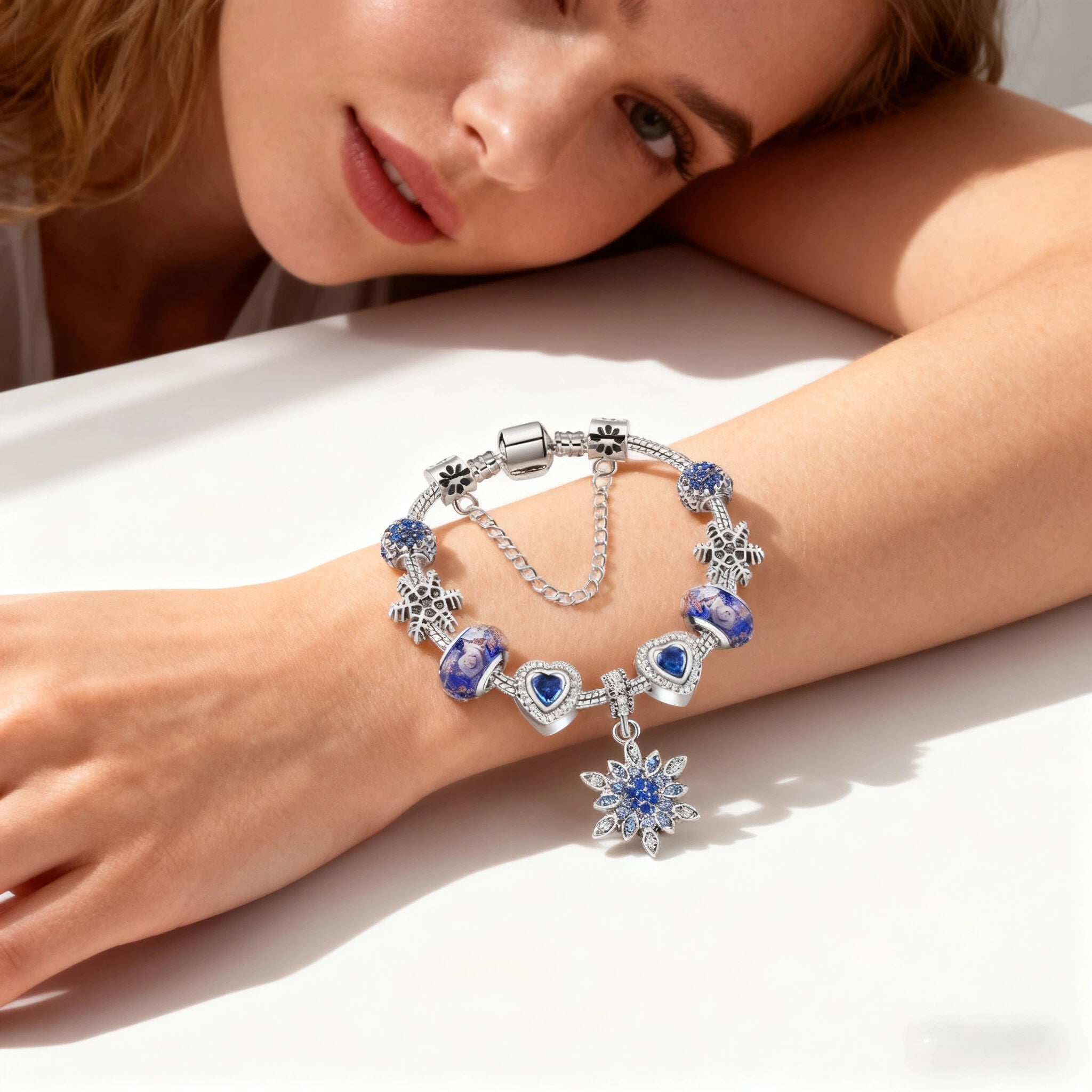 Blue Cat’s Eye & Glass Bead Bracelet – Rhinestone Snowflake Pendant(17cm)