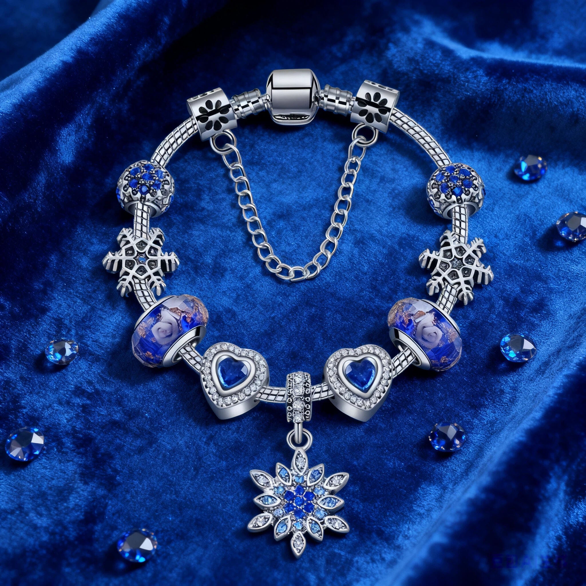 Blue Cat’s Eye & Glass Bead Bracelet – Rhinestone Snowflake Pendant(17cm)