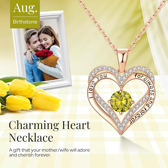 18K Rose Gold Necklaces for Women, 926 Sterling Silver Gifts for Mothers Day, Jewelry for Wife Mom Her Girlfriend, Birthstone Diamond Necklace for Birthday Anniversary, Heart Pendant Jewelry-AUG