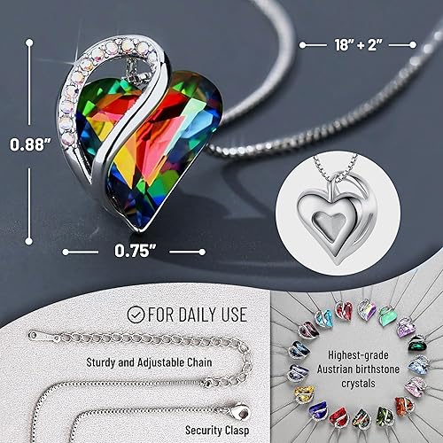 Infinity Love Heart Necklace, Birthstone Necklace for Women, Jewelry for Women with Healing Crystals, Allergy Free Pendant Necklace-13a-Protection-Rainbow Black