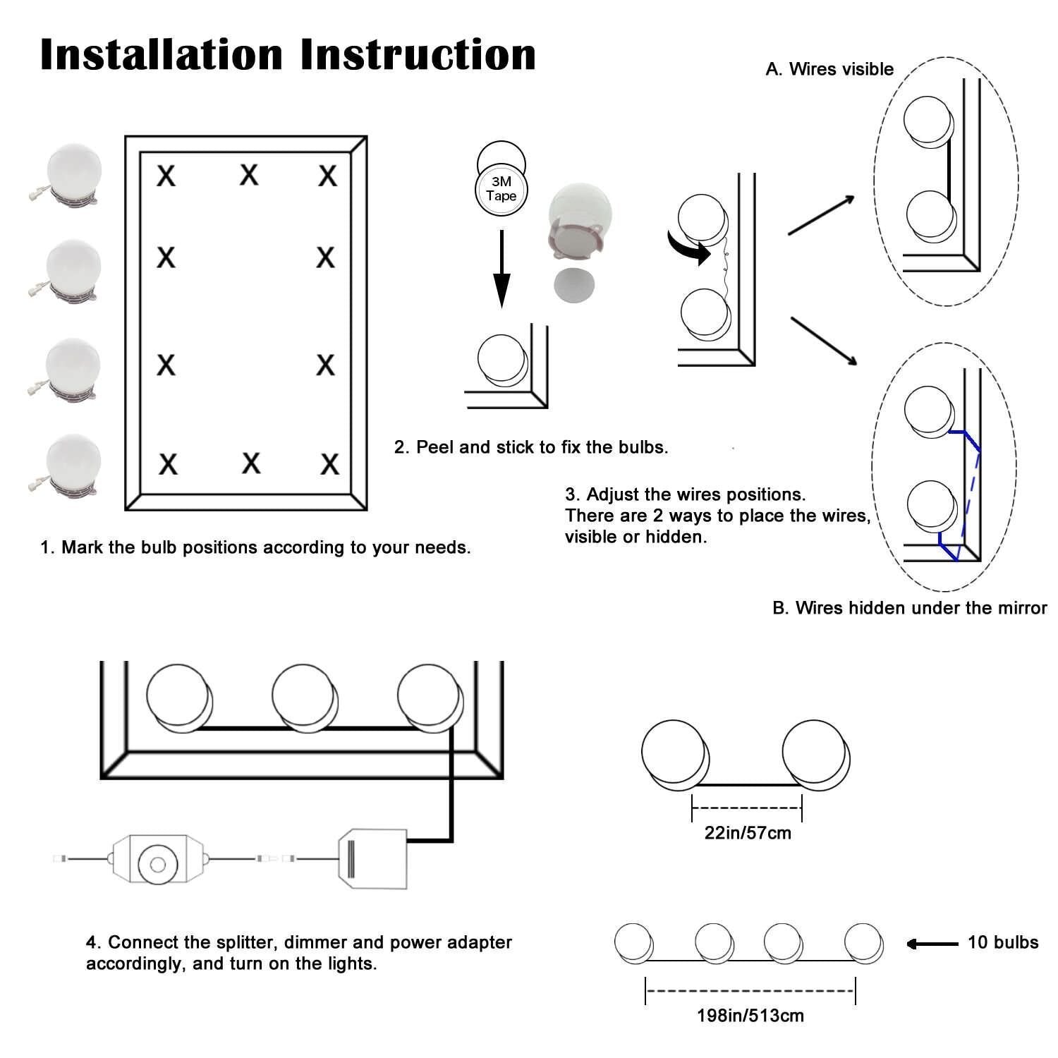 Hollywood Super Star Style Makeup Mirror Vanity LED Light Bulbs Kit for Dressing Table Dimmable & Plug in, Linkable and Flexible Strip, Mirror Not Included